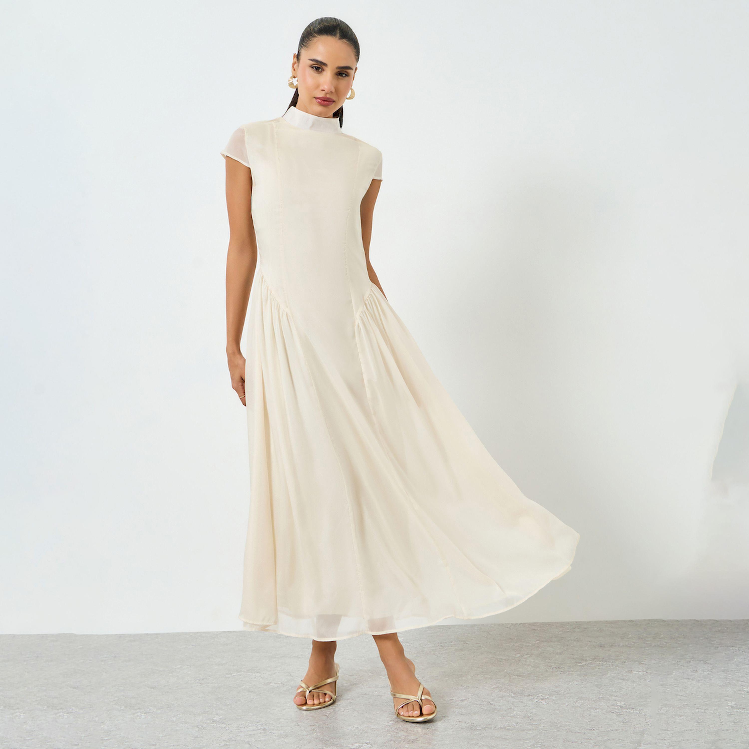 Styli Beige Pleated Short Sleeves A-Line Midi Dress-women-clothing-dresses-image-1