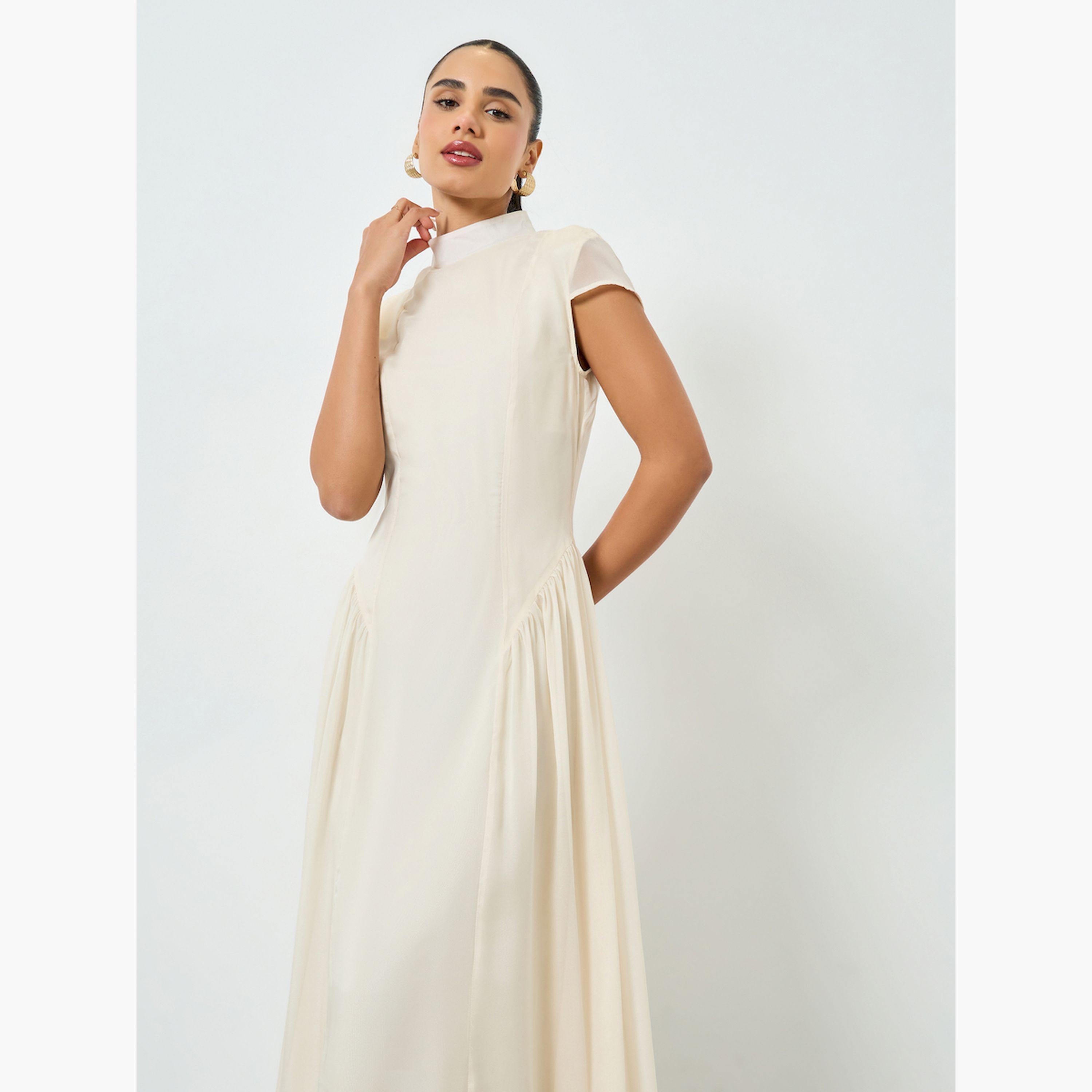 Styli Beige Pleated Short Sleeves A-Line Midi Dress-women-clothing-dresses-image-2