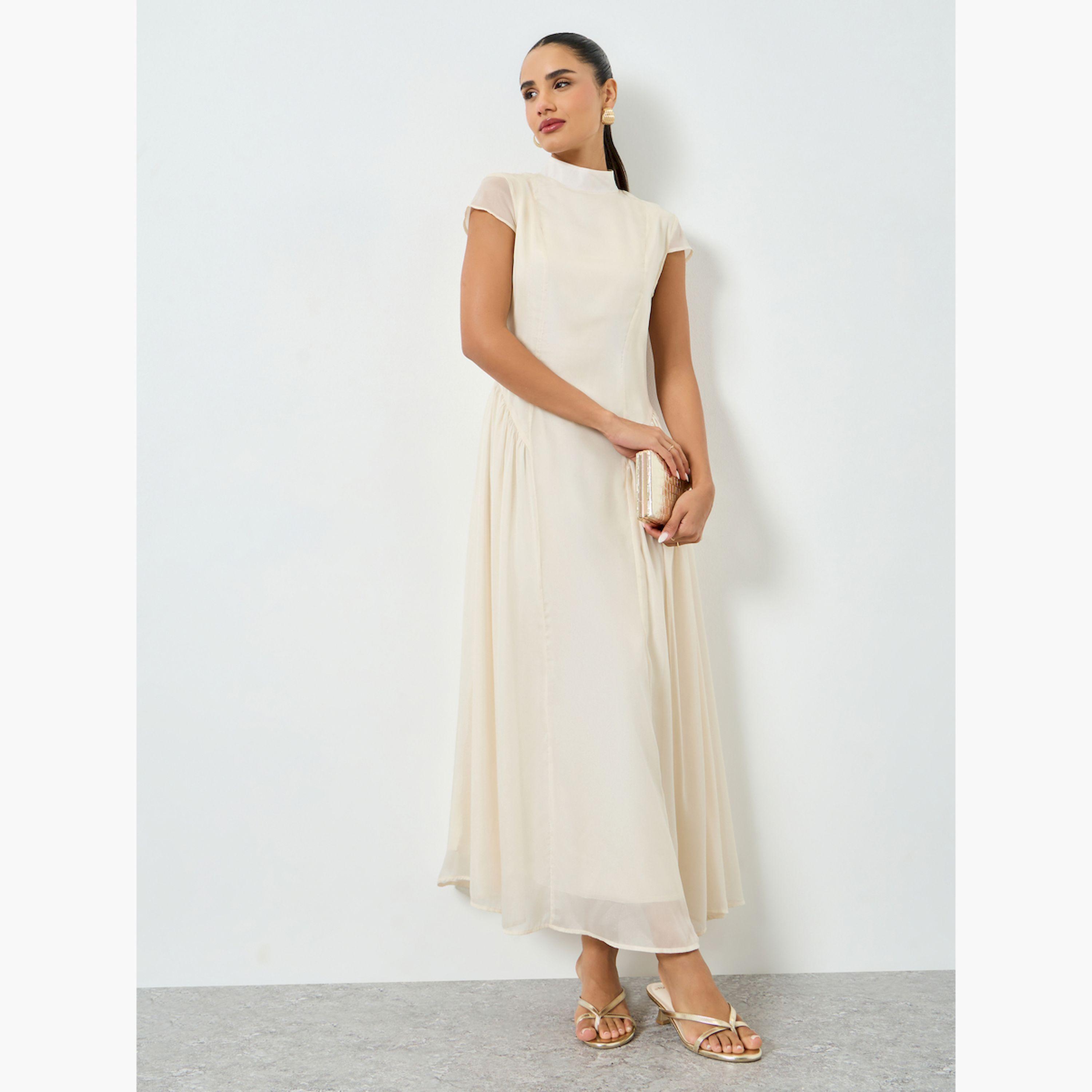 Styli Beige Pleated Short Sleeves A-Line Midi Dress-women-clothing-dresses-image-3