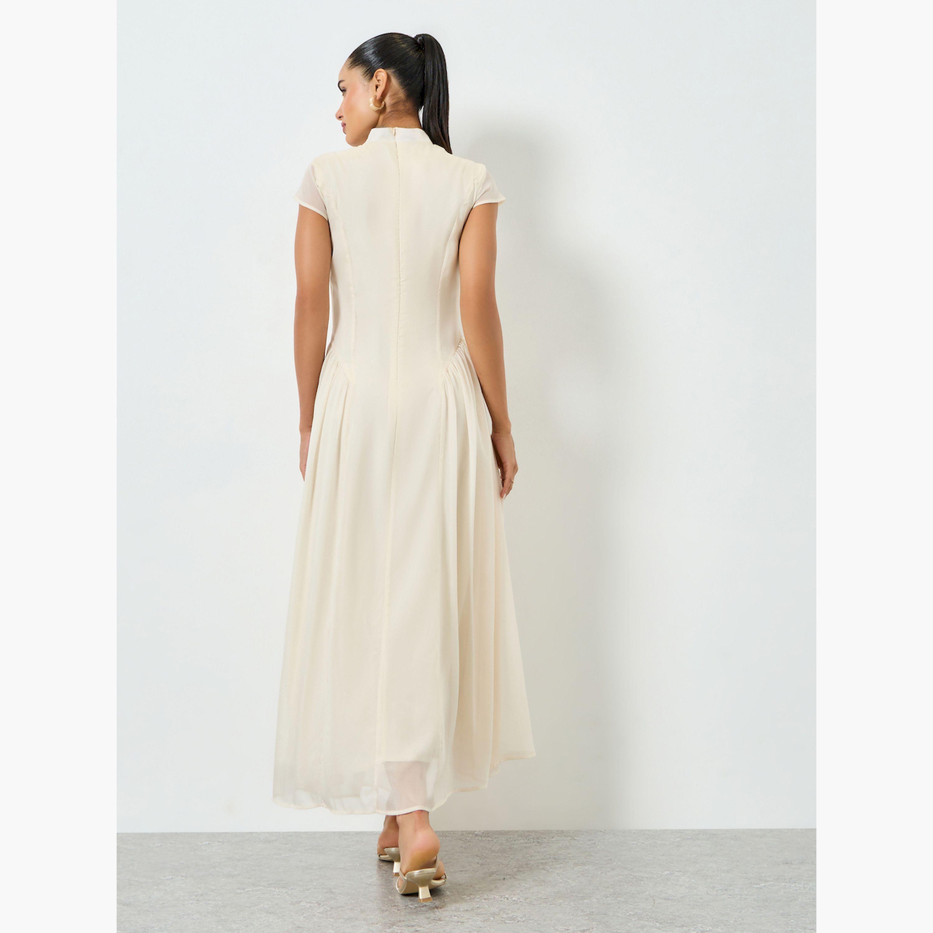 Styli Beige Pleated Short Sleeves A-Line Midi Dress-women-clothing-dresses-image-4