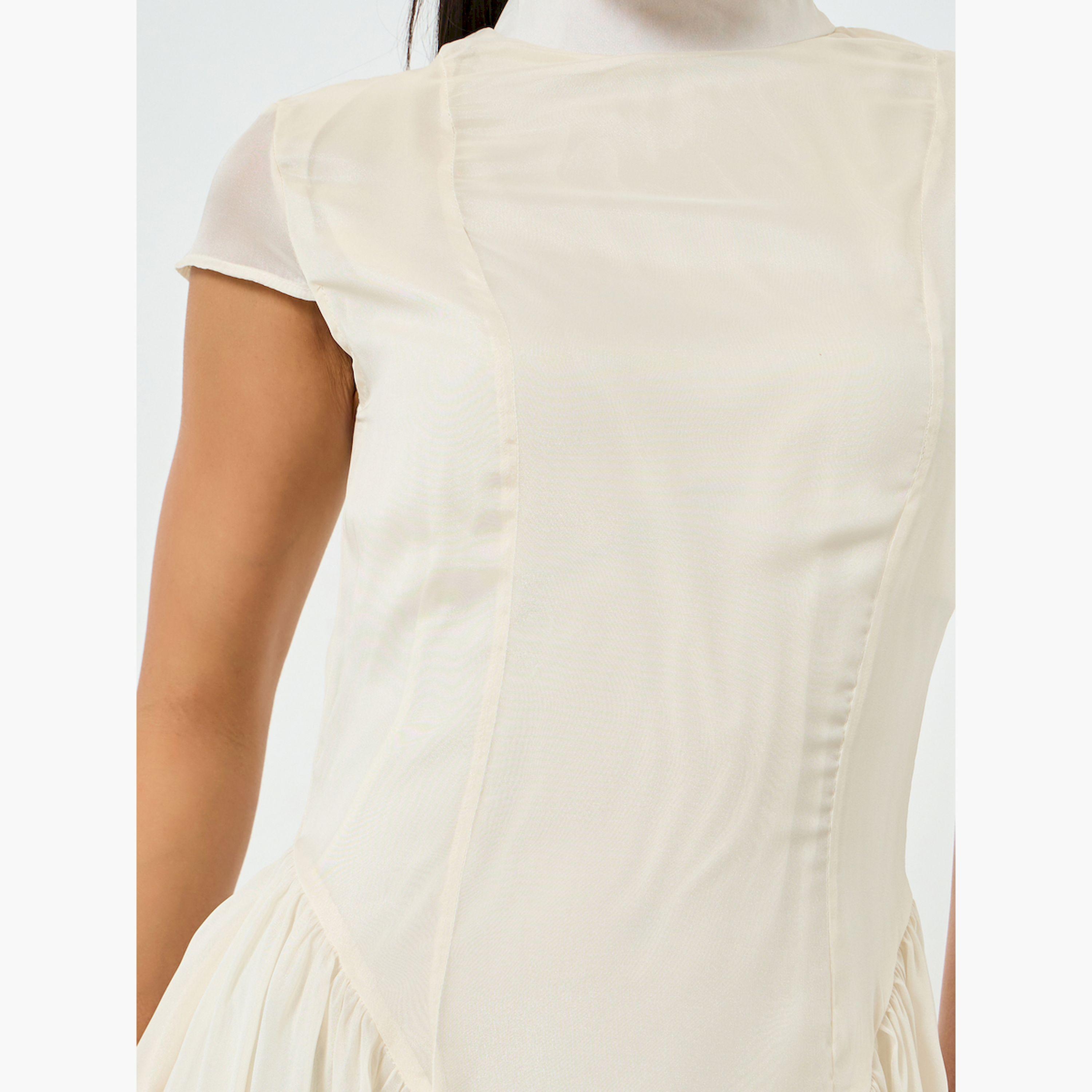 Styli Beige Pleated Short Sleeves A-Line Midi Dress-women-clothing-dresses-image-5