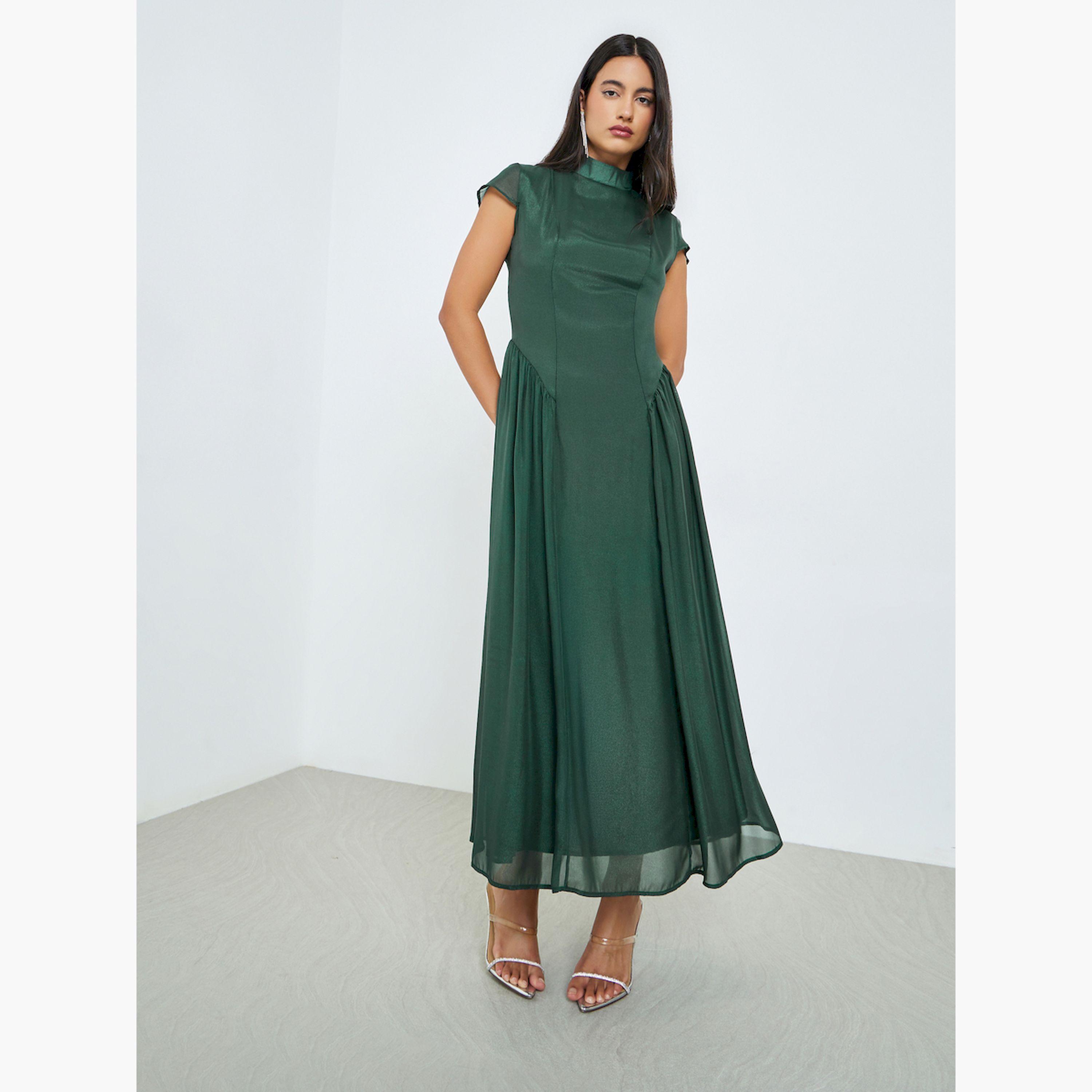 Styli Green Short Sleeves Pleated A-Line Maxi Dress-women-clothing-dresses-image-1