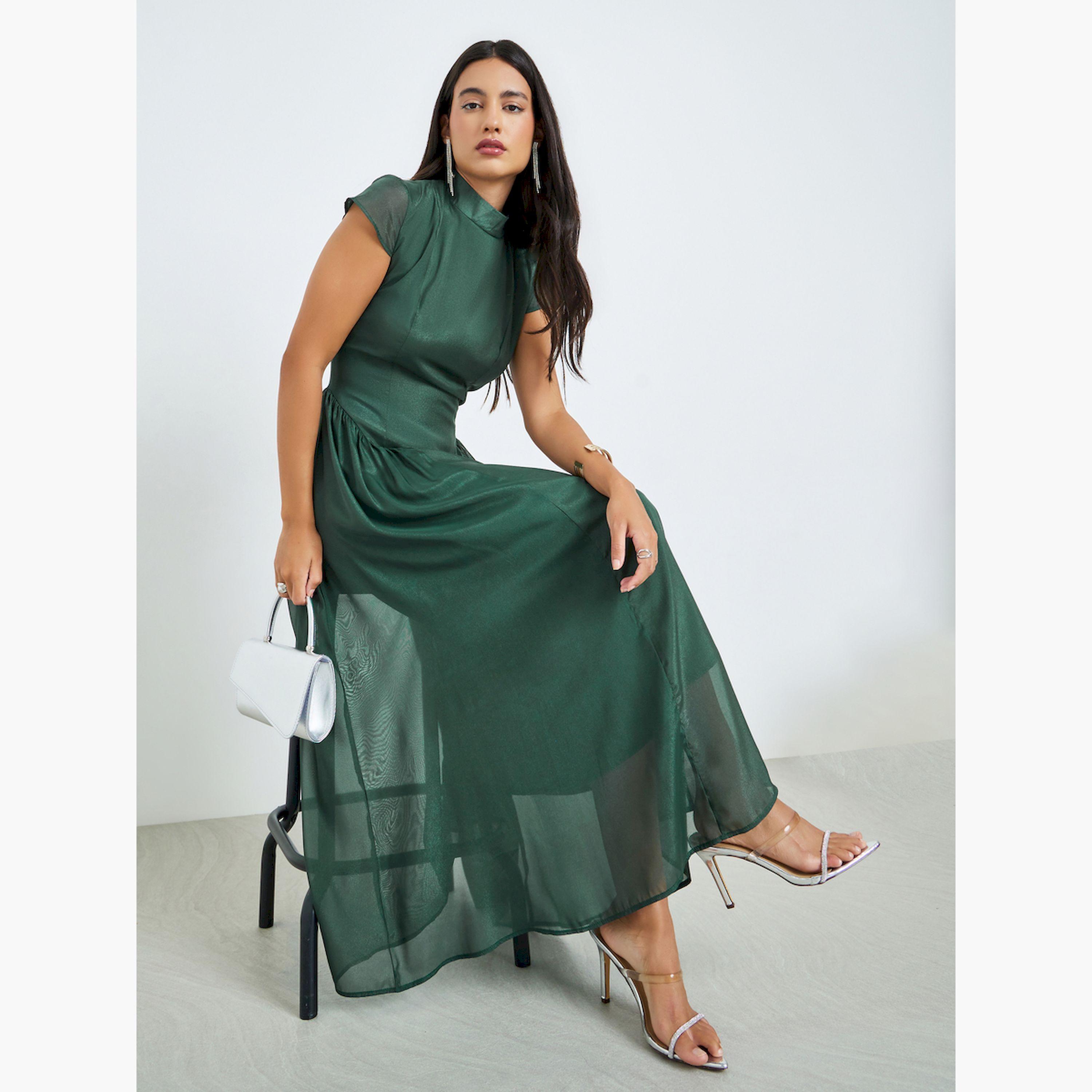 Styli Green Short Sleeves Pleated A-Line Maxi Dress-women-clothing-dresses-image-2