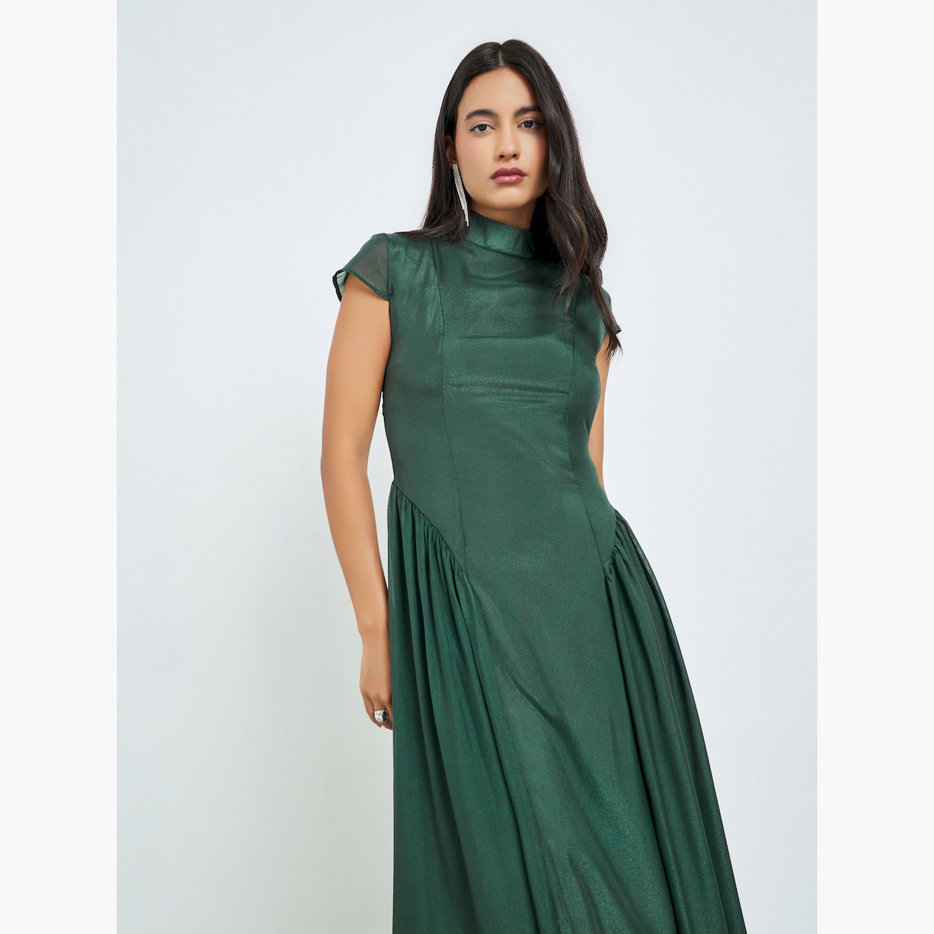 Styli Green Short Sleeves Pleated A-Line Maxi Dress-women-clothing-dresses-image-3