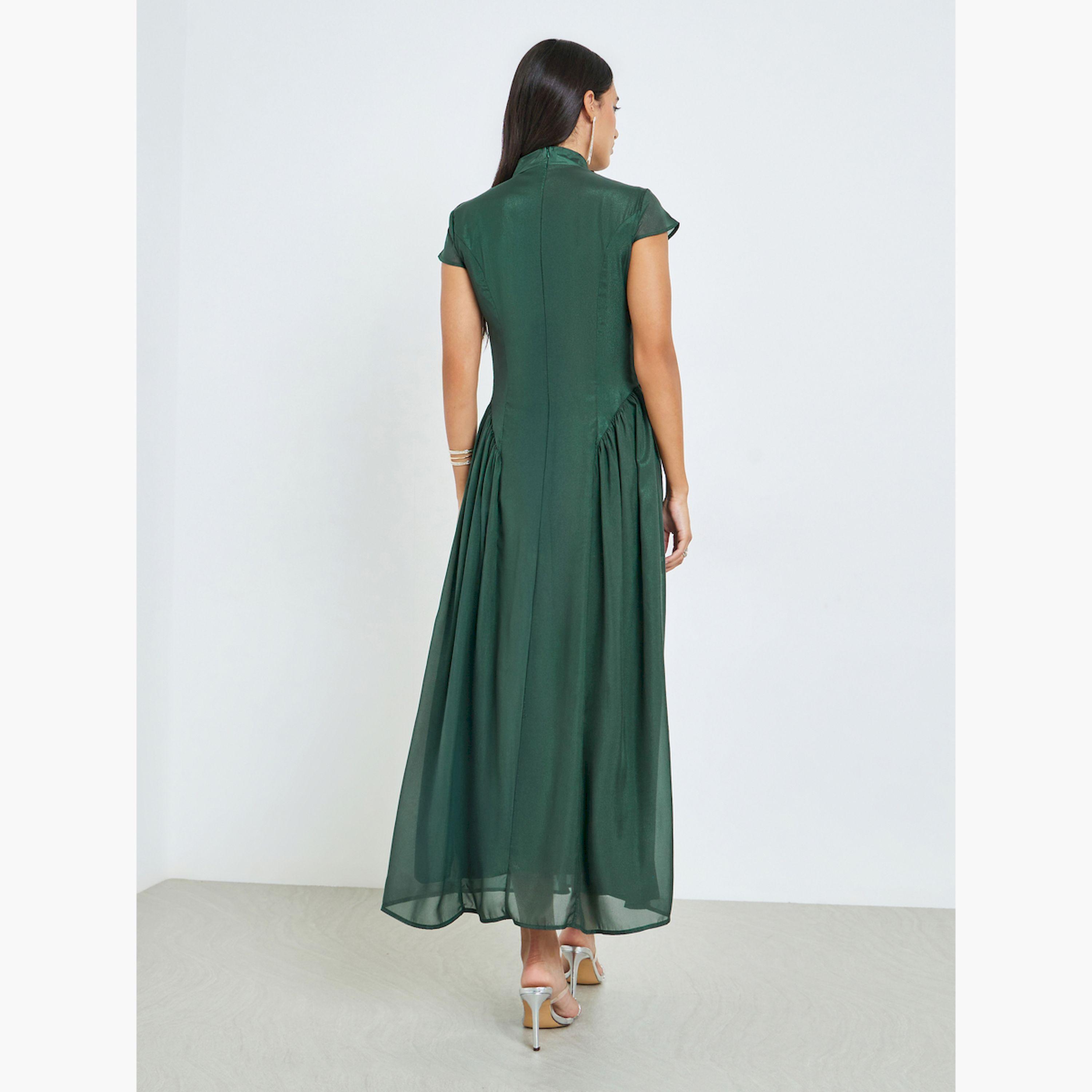 Styli Green Short Sleeves Pleated A-Line Maxi Dress-women-clothing-dresses-image-5
