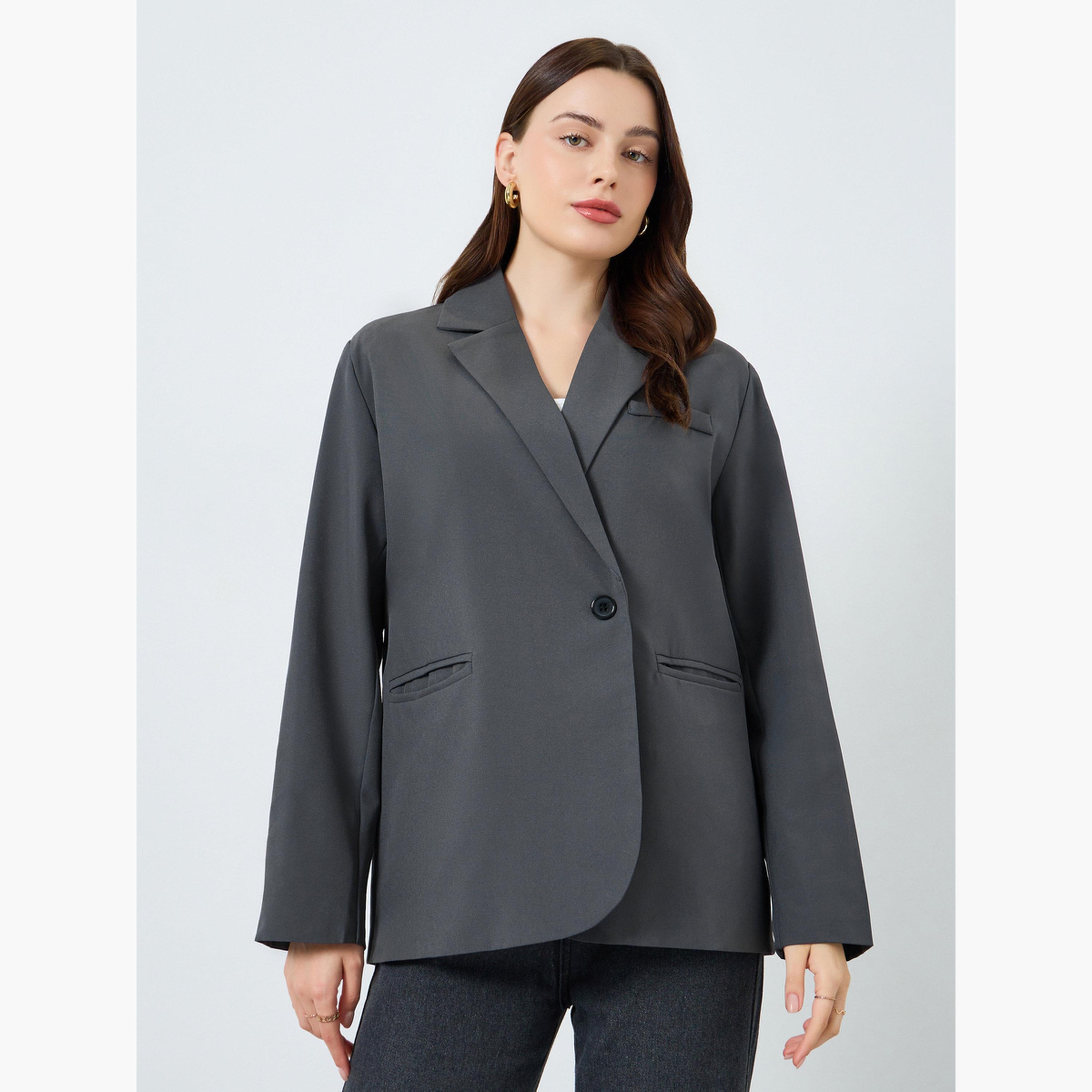 Styli Women Grey Button-Front Blazer-women-clothing-coatsandjackets-blazers-image-1