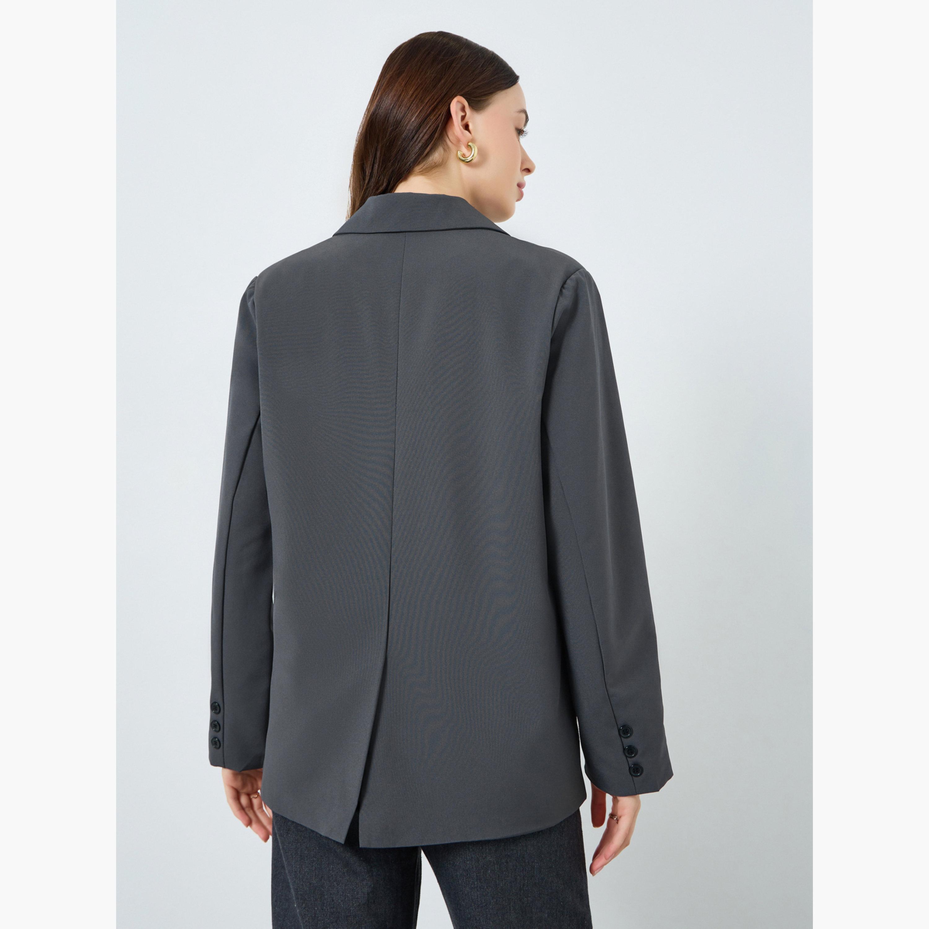 Styli Women Grey Button-Front Blazer-women-clothing-coatsandjackets-blazers-image-4