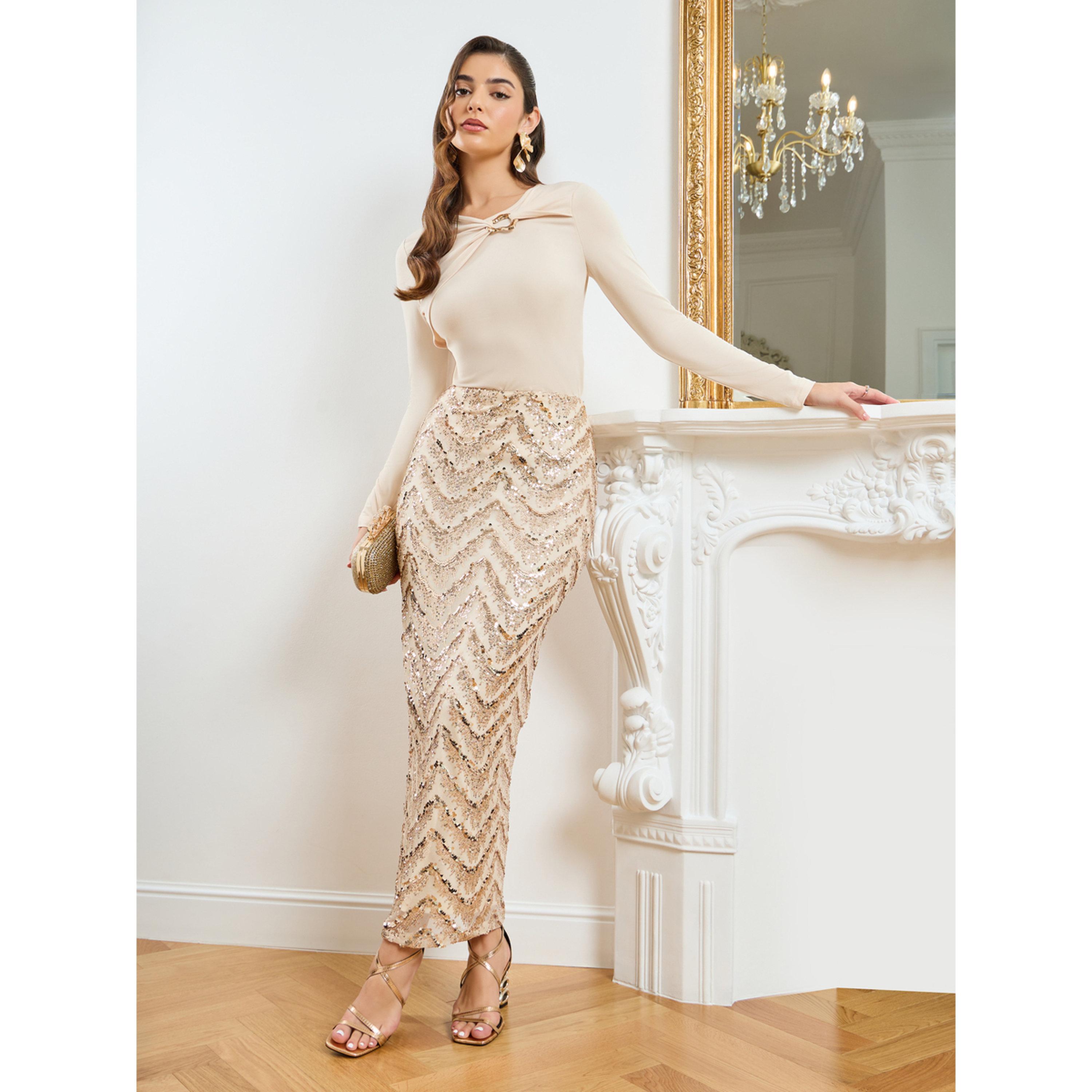 Styli Women Gold Embellished Sequined Maxi Skirt-women-clothing-bottoms-skirts-image-2