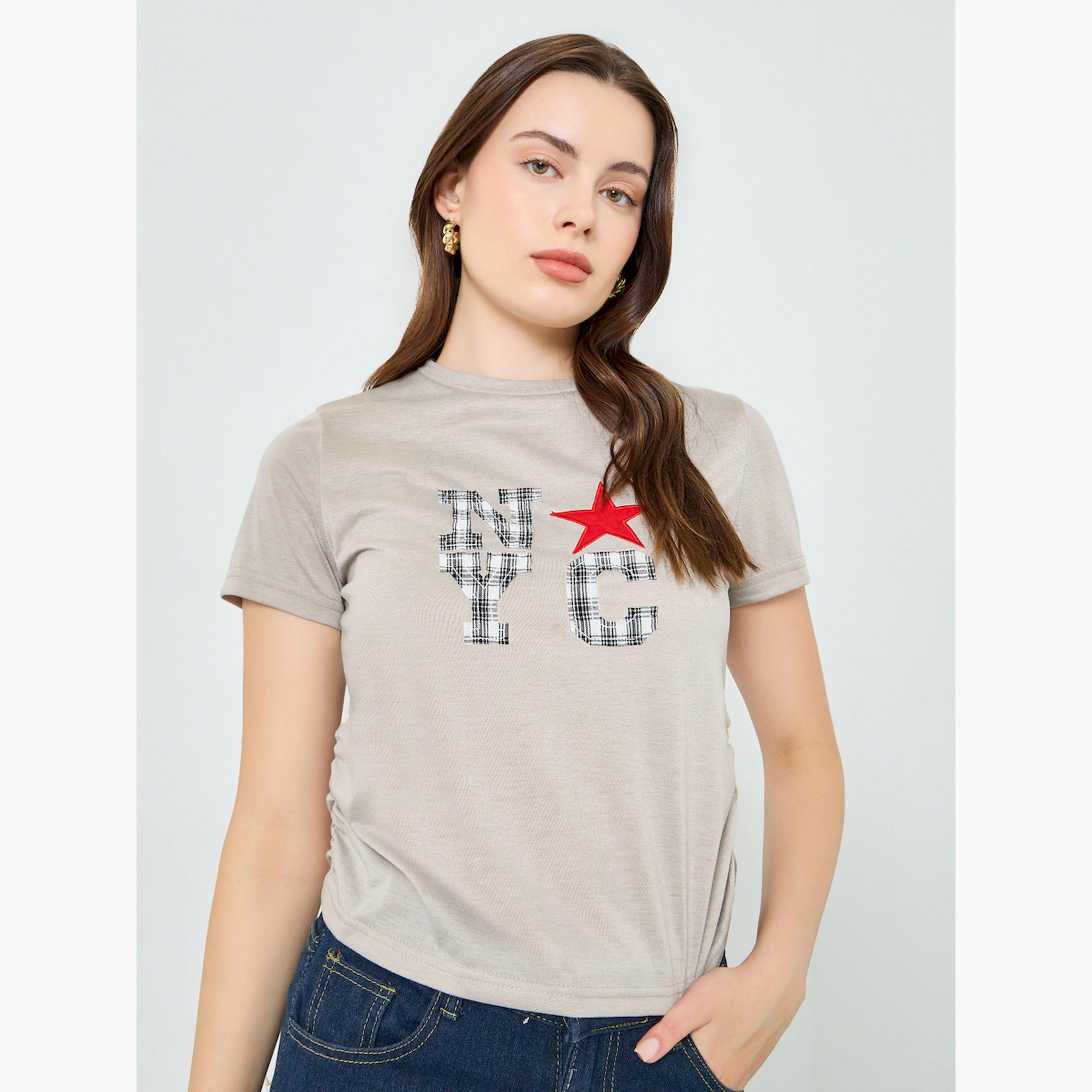 Styli Women Beige Graphic Print Ruched T-Shirt-women-clothing-tshirts-image-1