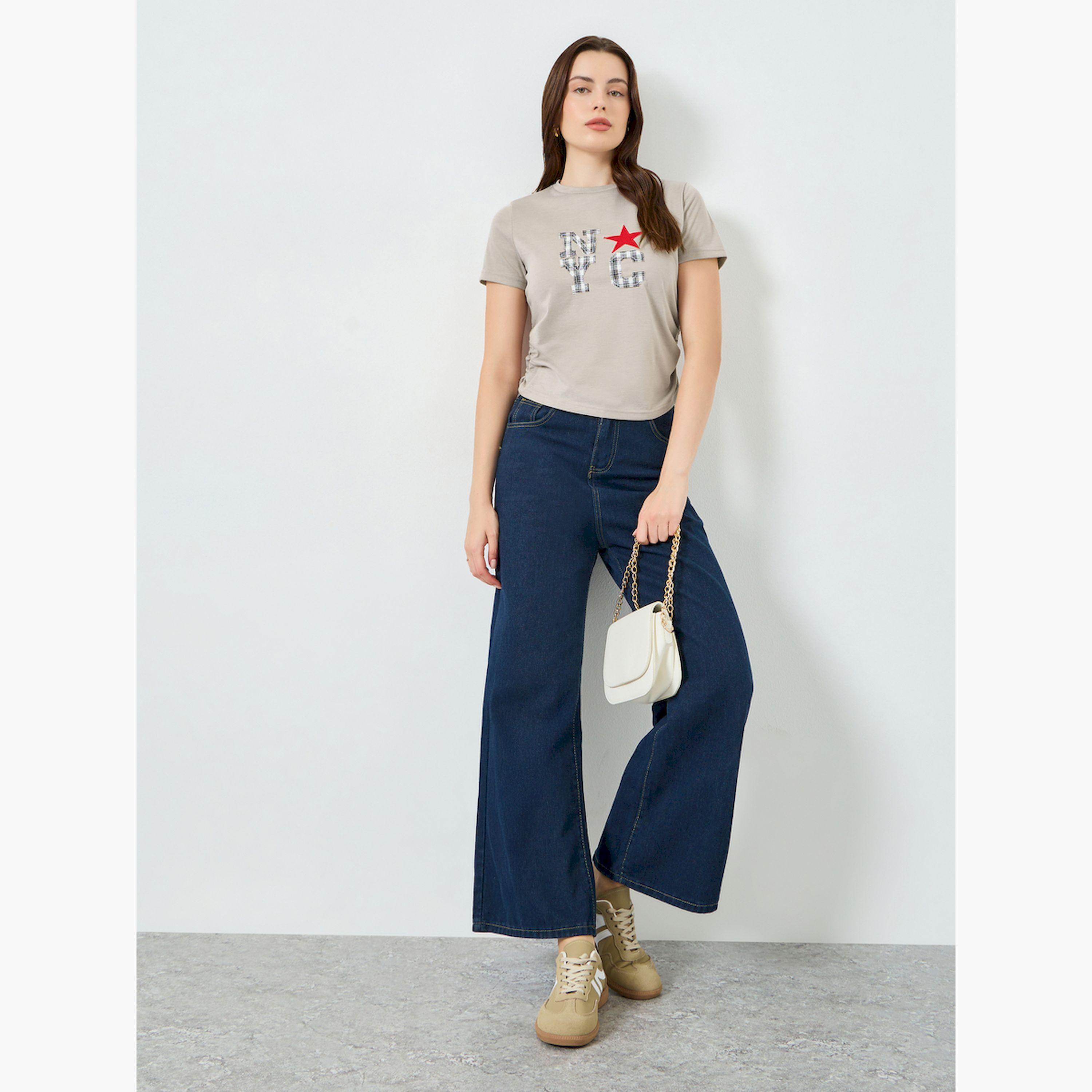Styli Women Beige Graphic Print Ruched T-Shirt-women-clothing-tshirts-image-2