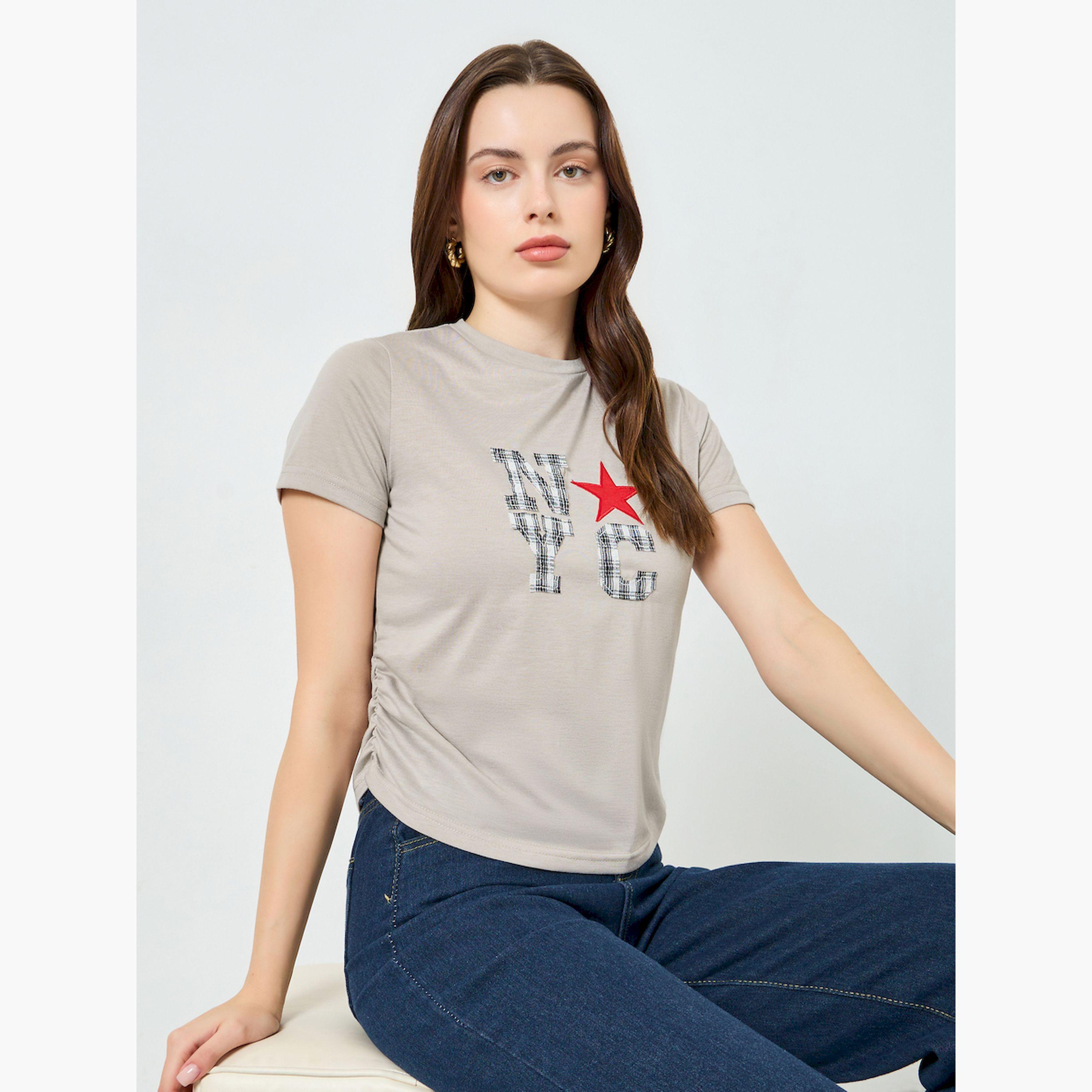Styli Women Beige Graphic Print Ruched T-Shirt-women-clothing-tshirts-image-3