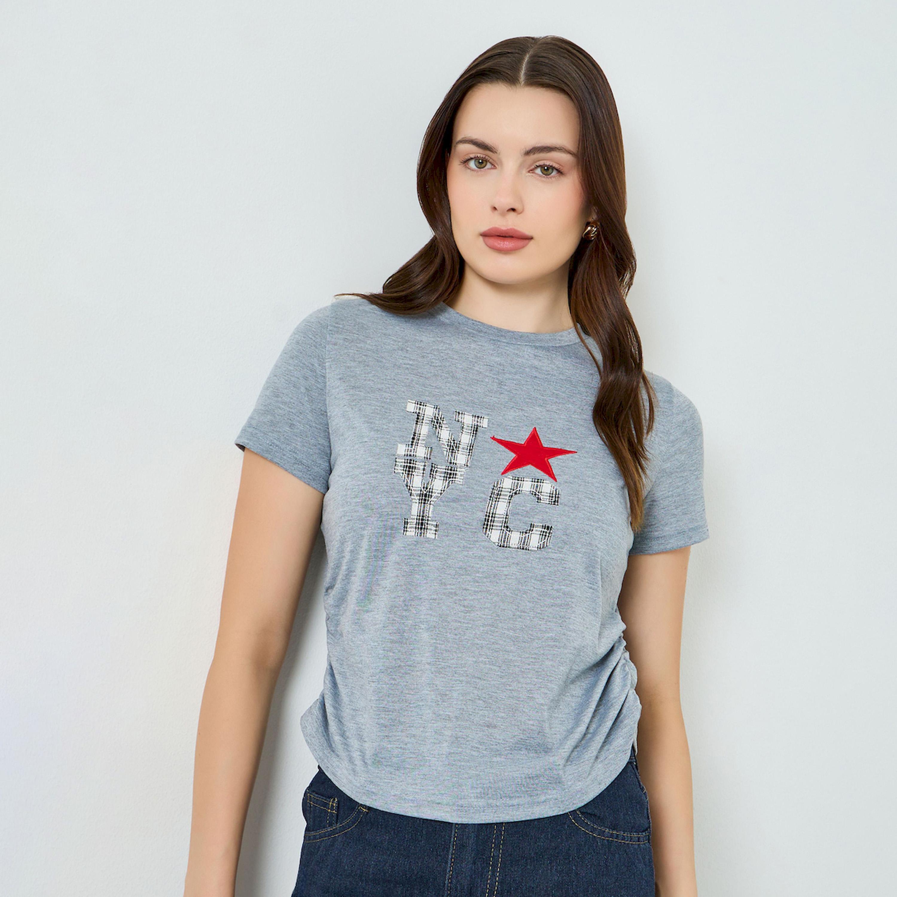 Styli Women Grey Graphic Print Ruched T-Shirt-women-clothing-tshirts-image-1