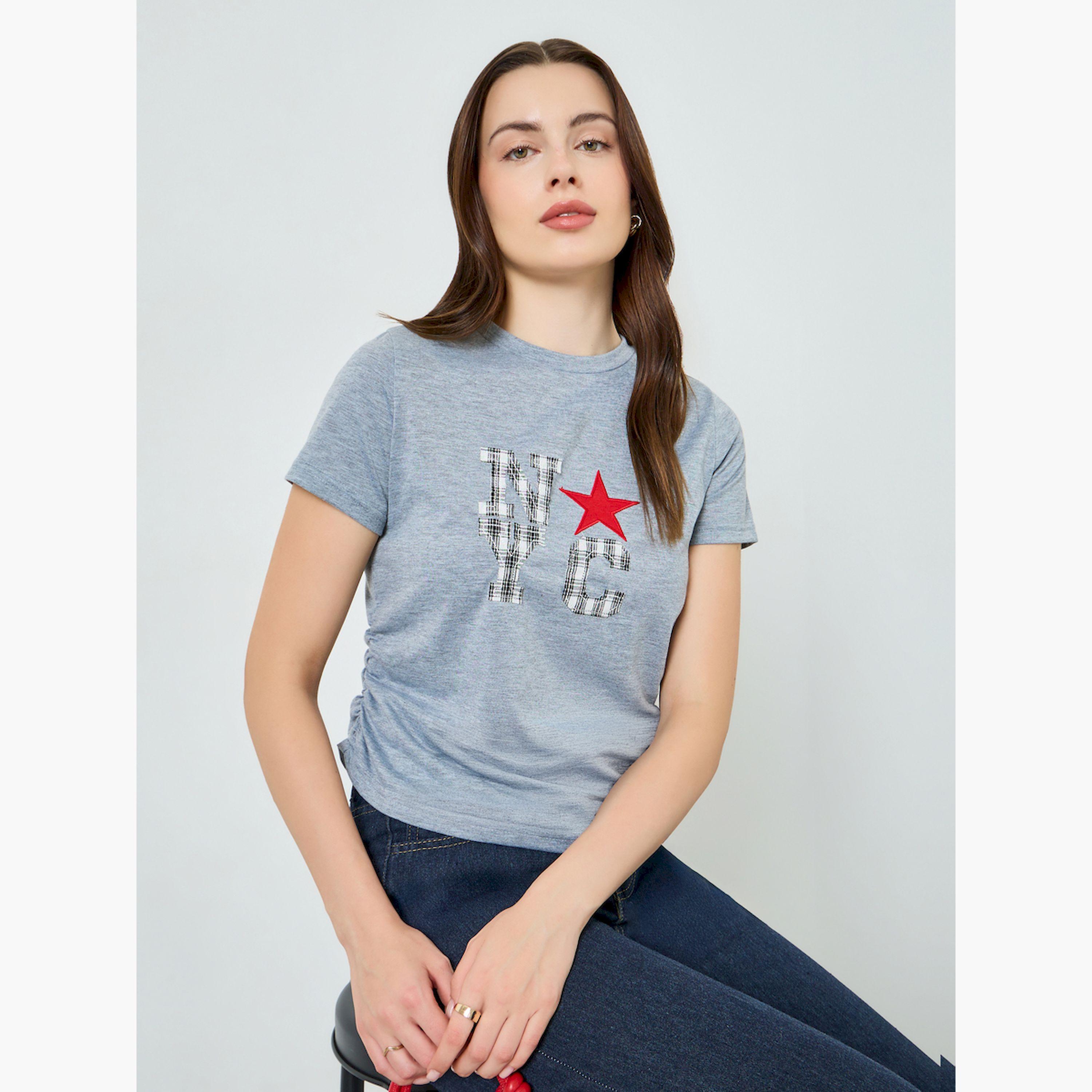 Styli Women Grey Graphic Print Ruched T-Shirt-women-clothing-tshirts-image-3