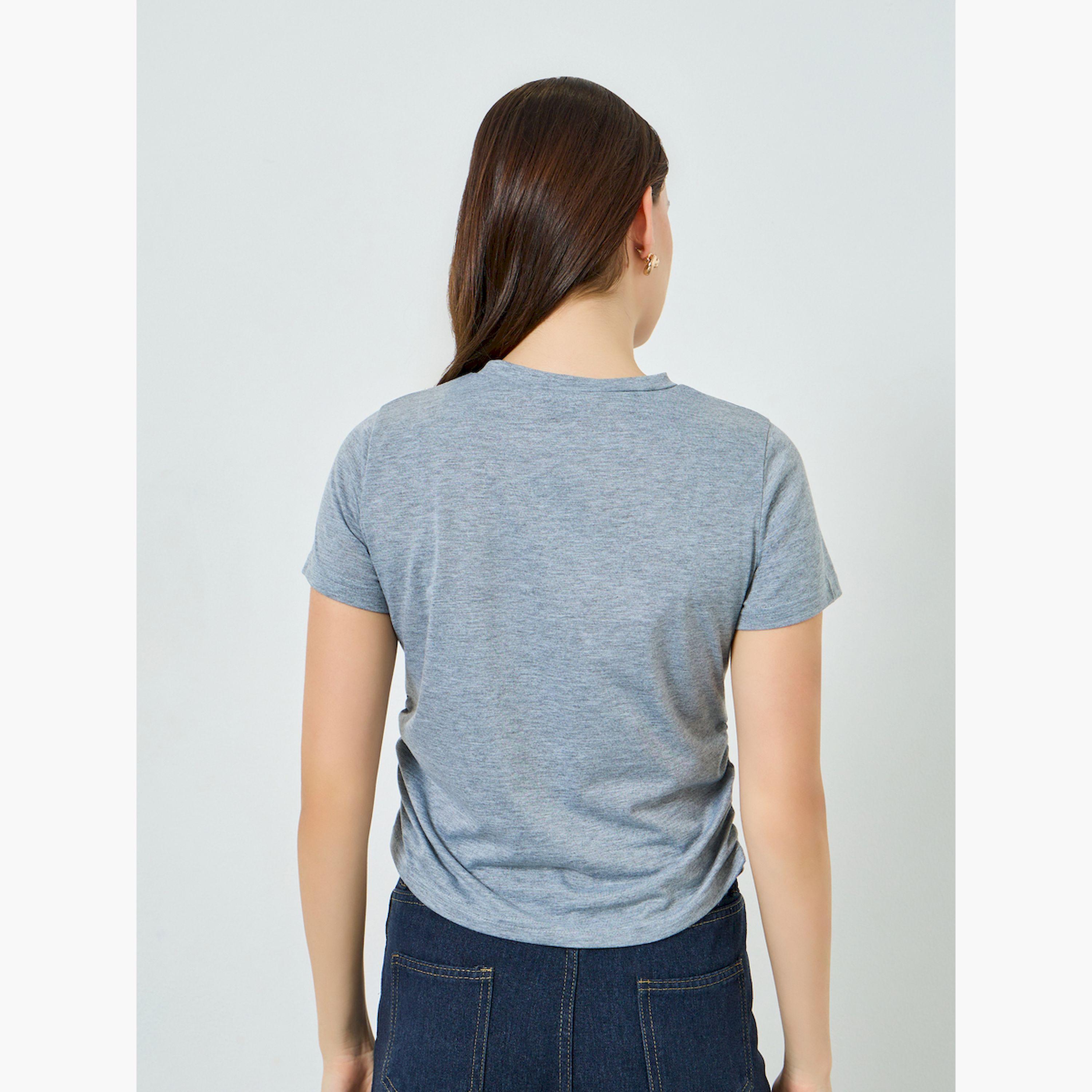 Styli Women Grey Graphic Print Ruched T-Shirt-women-clothing-tshirts-image-4
