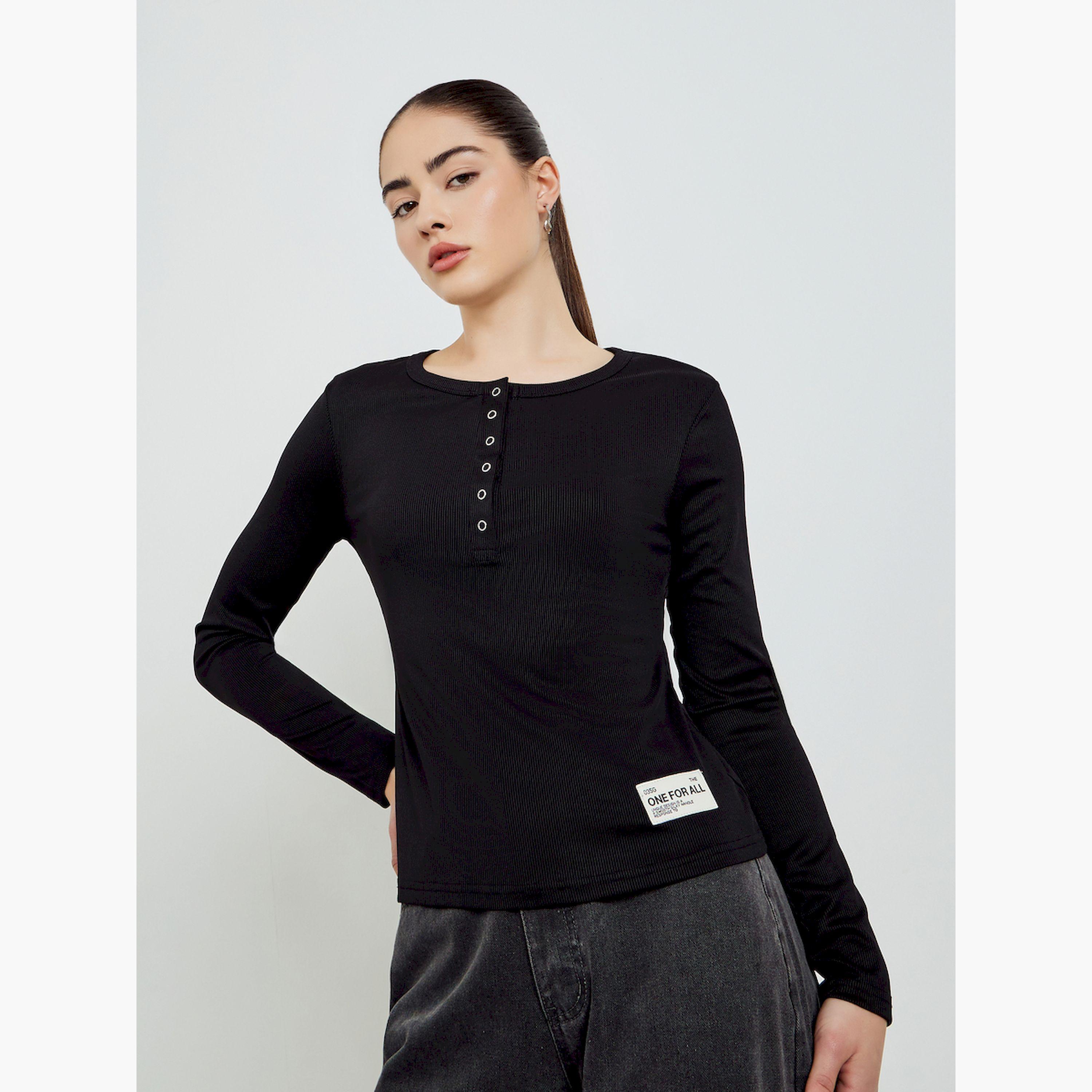 Styli Black Ribbed Henley Long Sleeve T-Shirt-women-clothing-tshirts-image-1