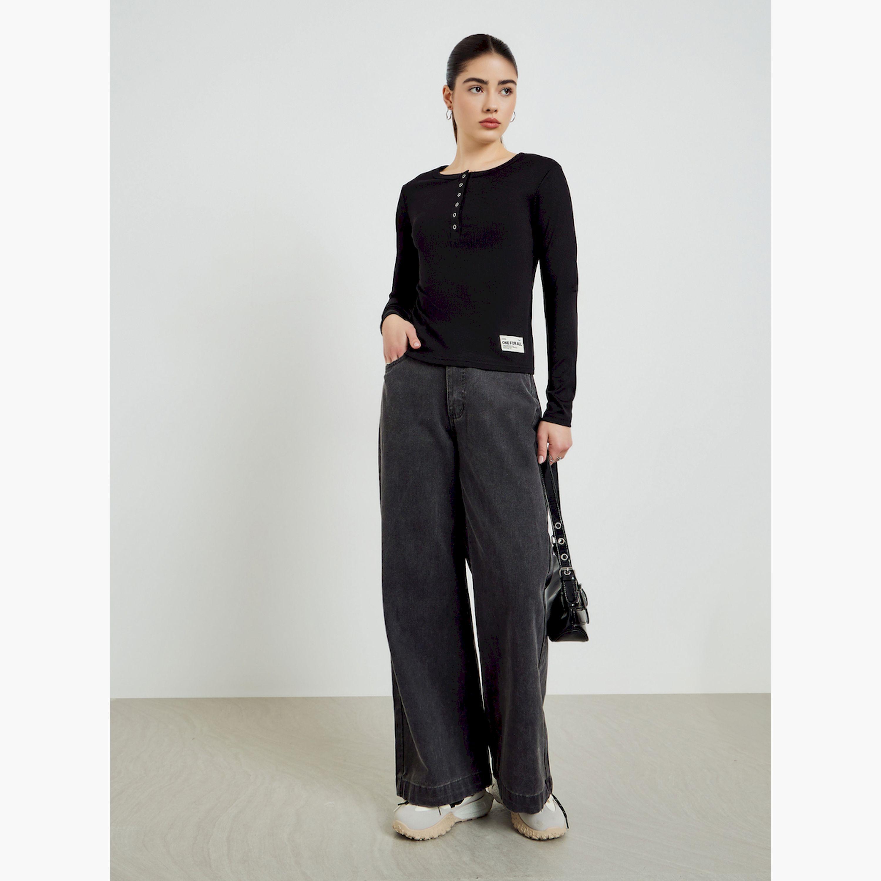 Styli Black Ribbed Henley Long Sleeve T-Shirt-women-clothing-tshirts-image-2