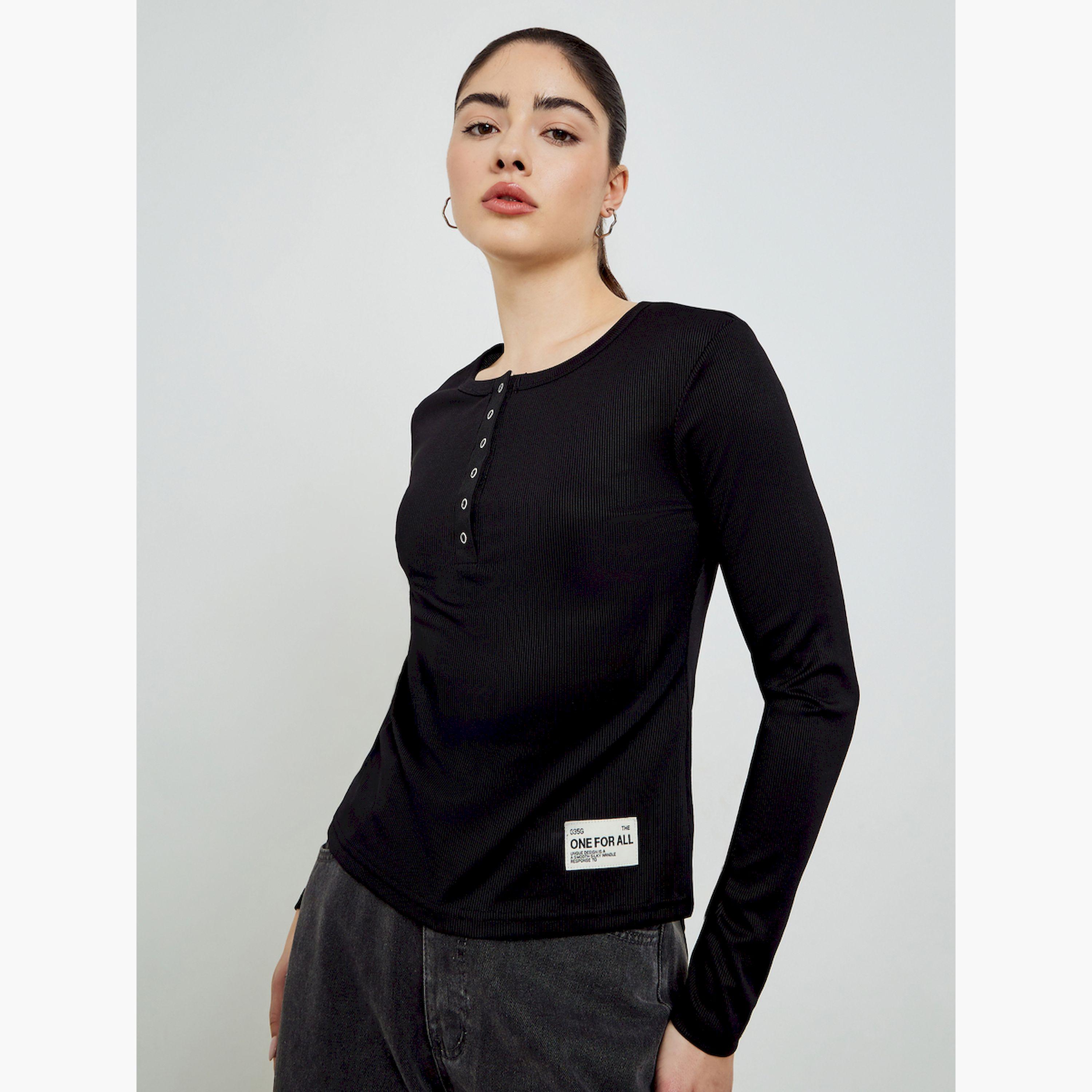 Styli Black Ribbed Henley Long Sleeve T-Shirt-women-clothing-tshirts-image-3