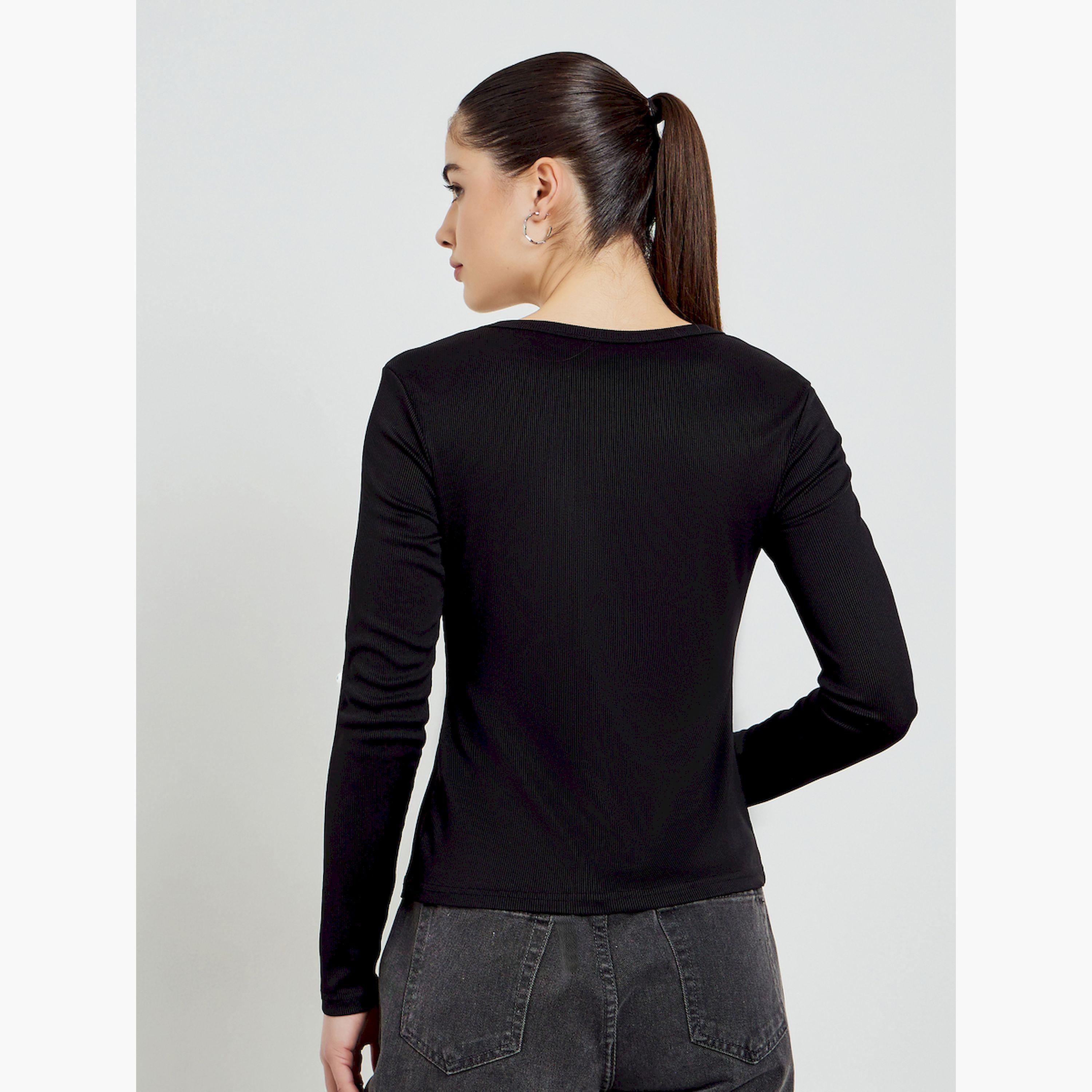 Styli Black Ribbed Henley Long Sleeve T-Shirt-women-clothing-tshirts-image-4