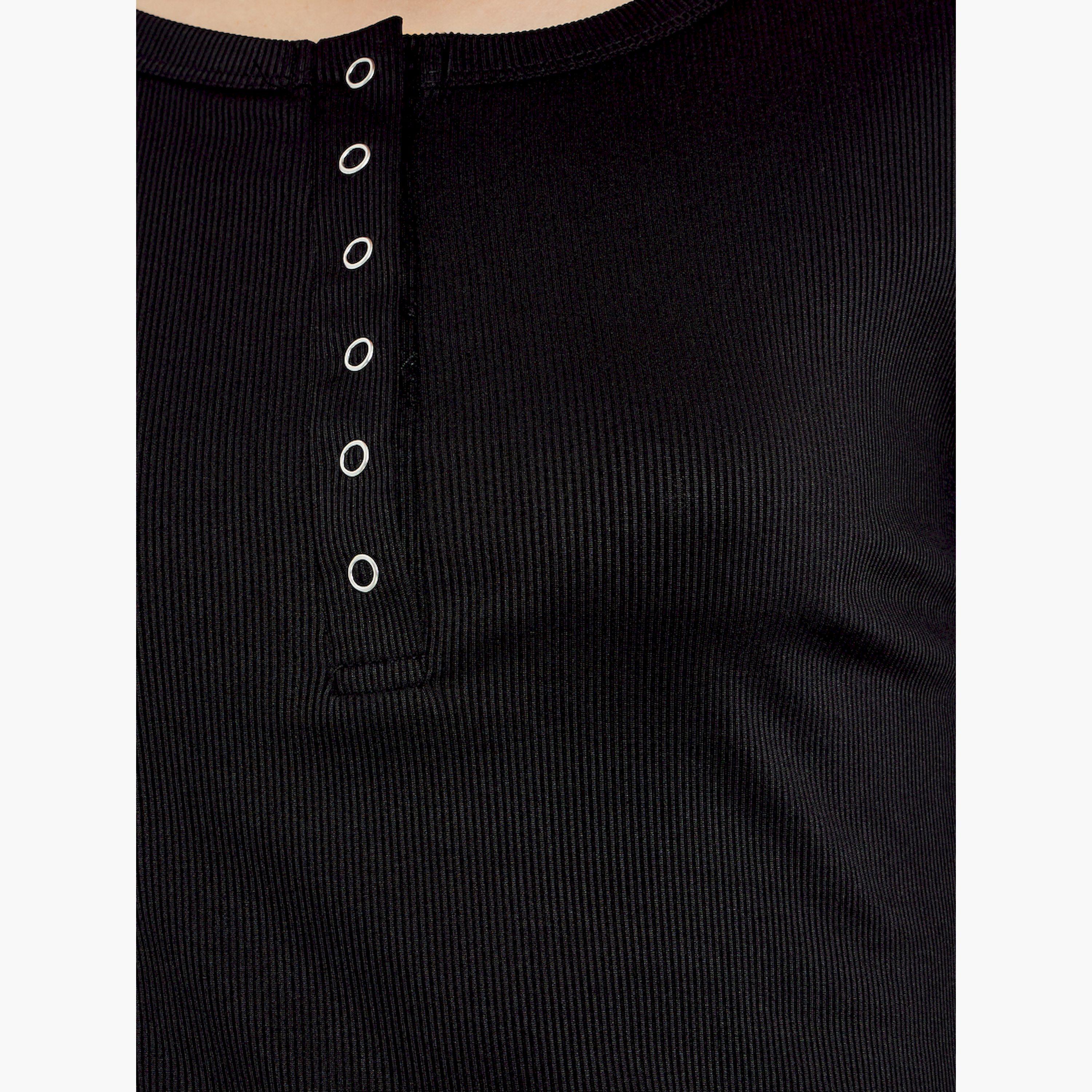 Styli Black Ribbed Henley Long Sleeve T-Shirt-women-clothing-tshirts-image-5