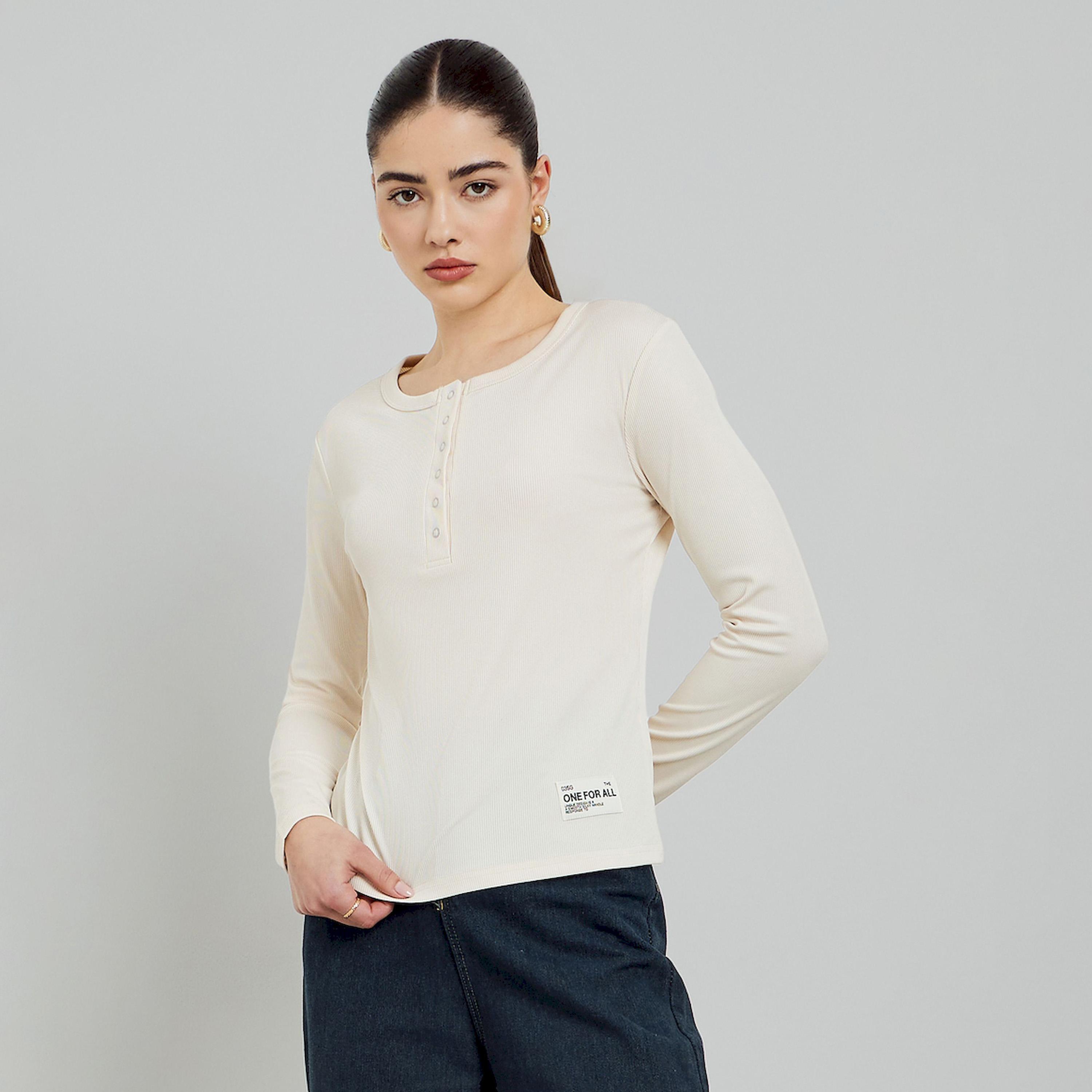 Styli Beige Ribbed Henley Long Sleeve T-Shirt-women-clothing-tshirts-image-1