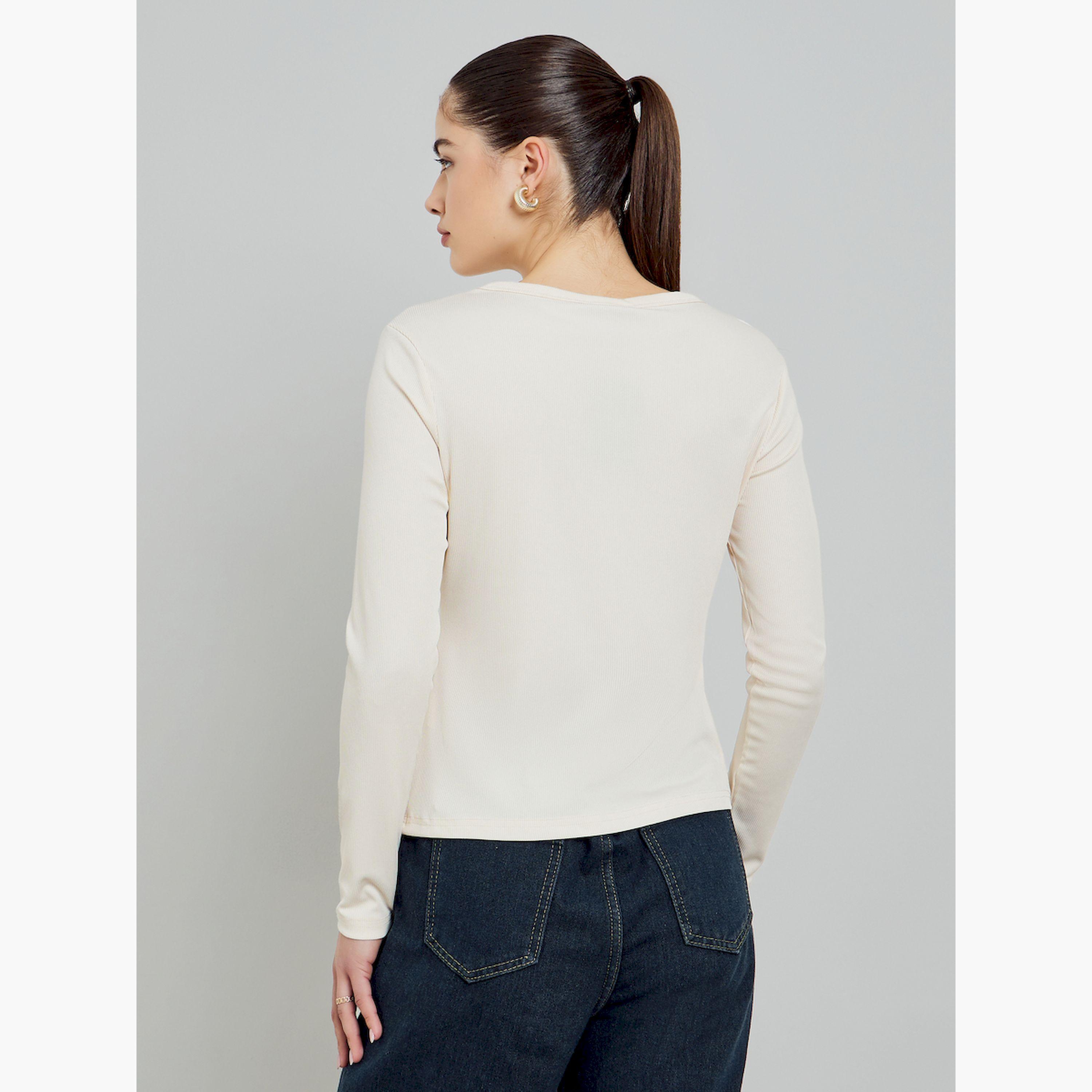 Styli Beige Ribbed Henley Long Sleeve T-Shirt-women-clothing-tshirts-image-4