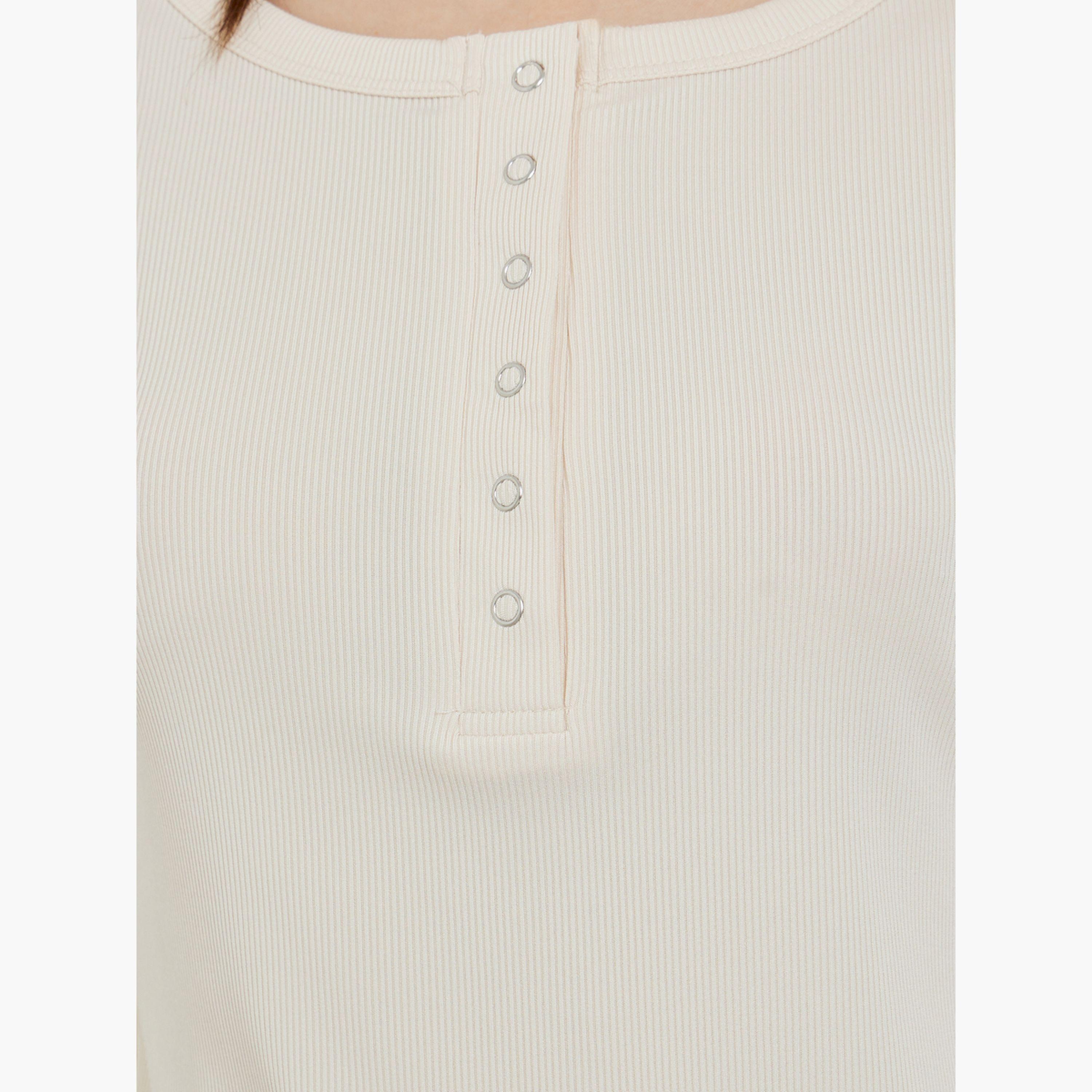 Styli Beige Ribbed Henley Long Sleeve T-Shirt-women-clothing-tshirts-image-5
