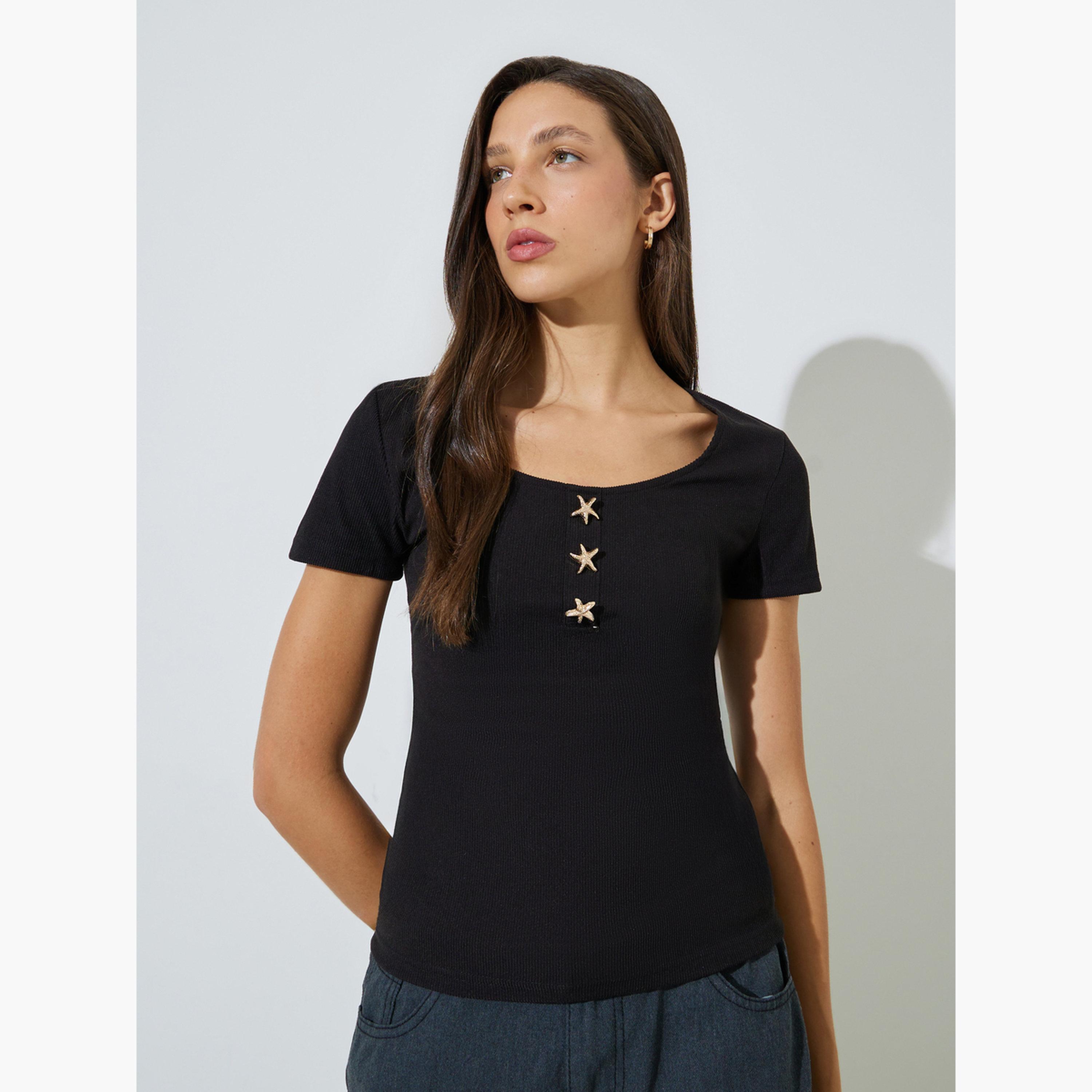 Styli Black Ribbed Scoop Neck T-Shirt with Star Buttons-women-clothing-tshirts-image-1