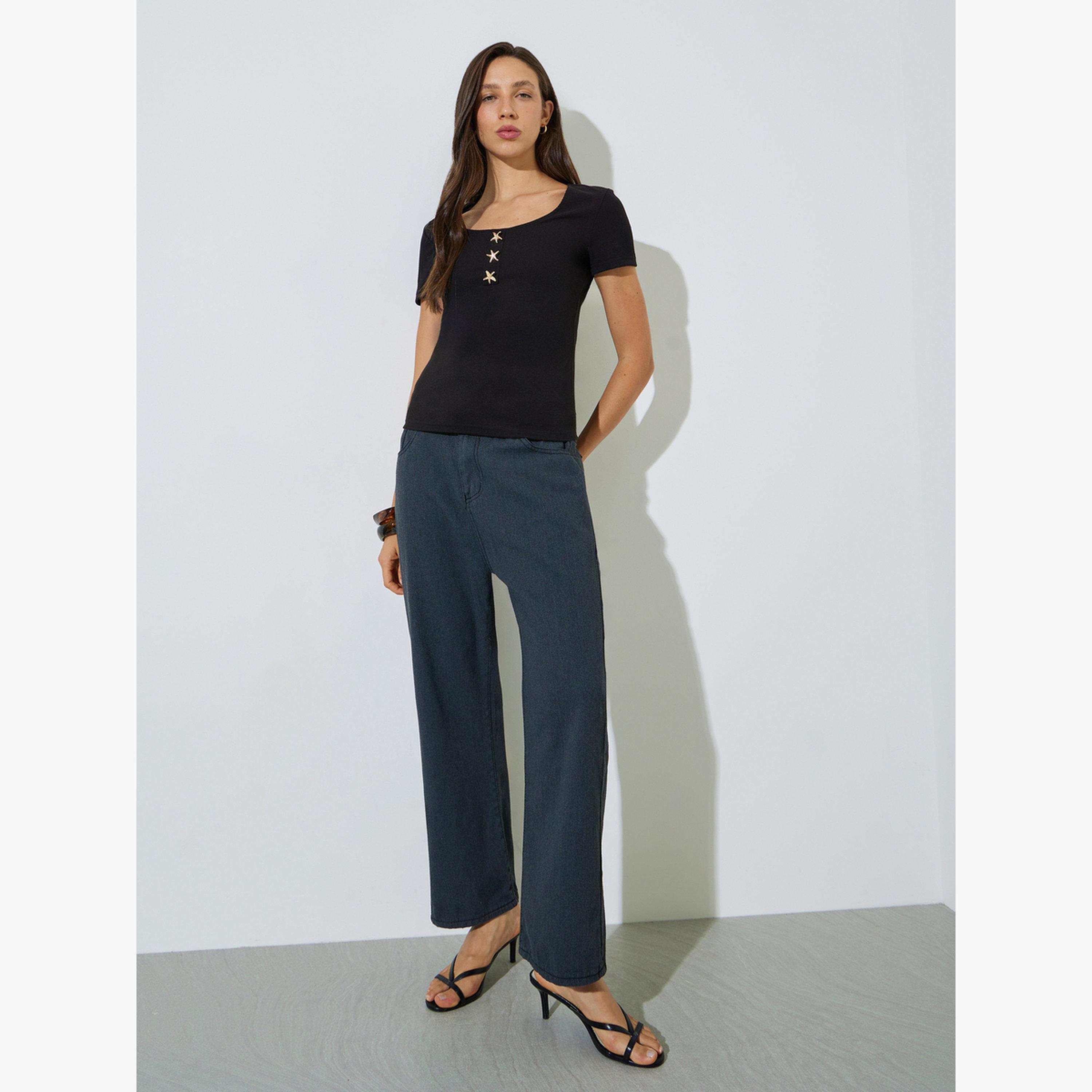 Styli Black Ribbed Scoop Neck T-Shirt with Star Buttons-women-clothing-tshirts-image-2