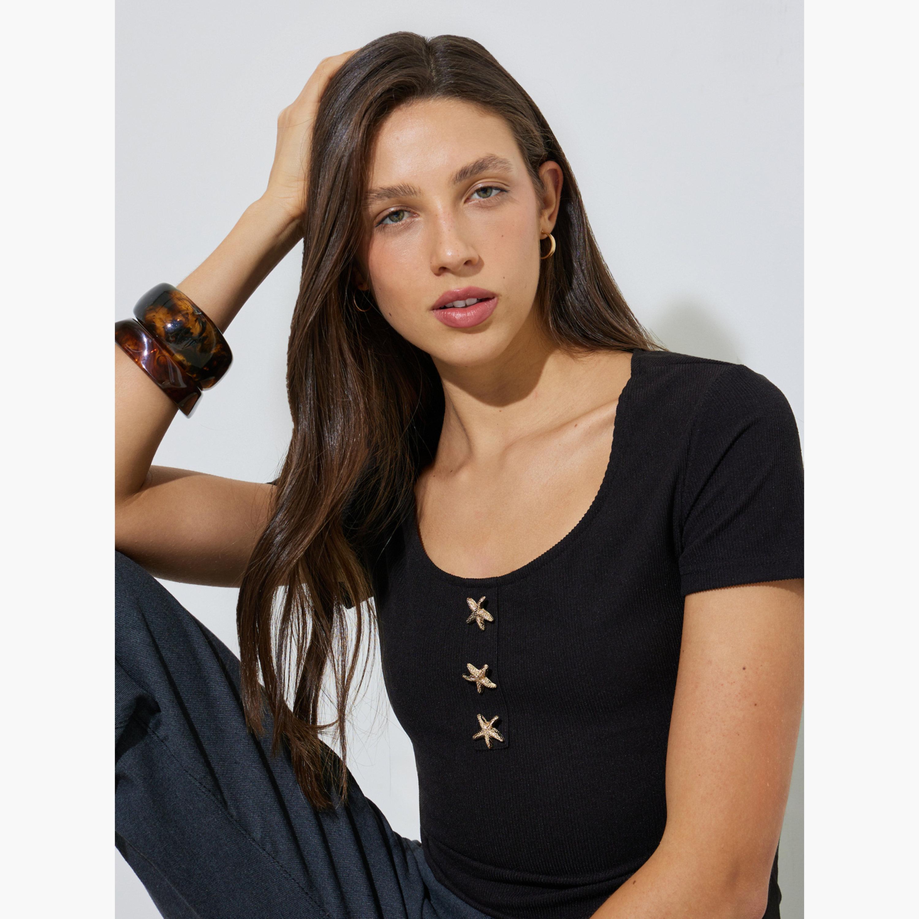 Styli Black Ribbed Scoop Neck T-Shirt with Star Buttons-women-clothing-tshirts-image-3