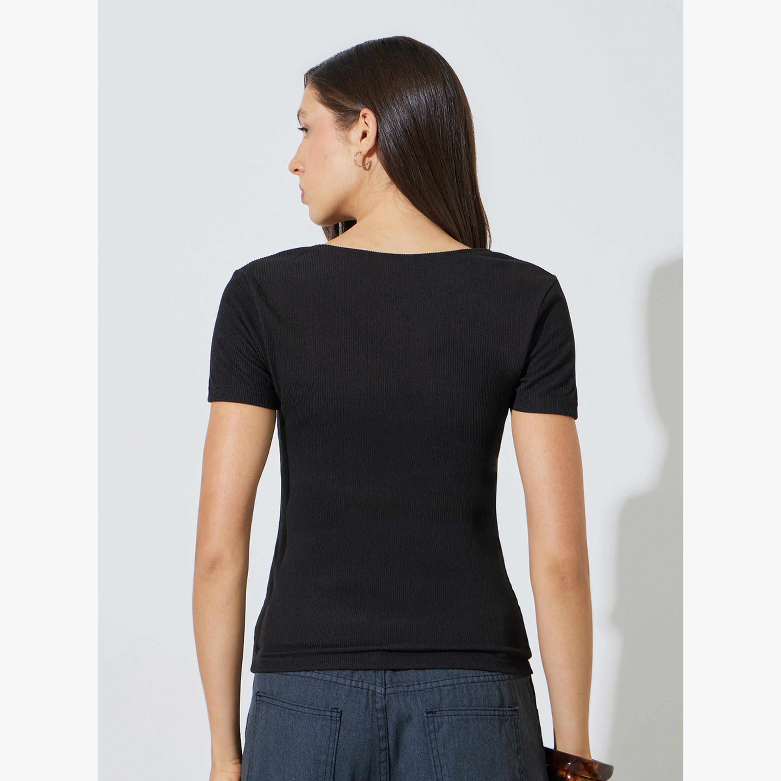 Styli Black Ribbed Scoop Neck T-Shirt with Star Buttons-women-clothing-tshirts-image-4