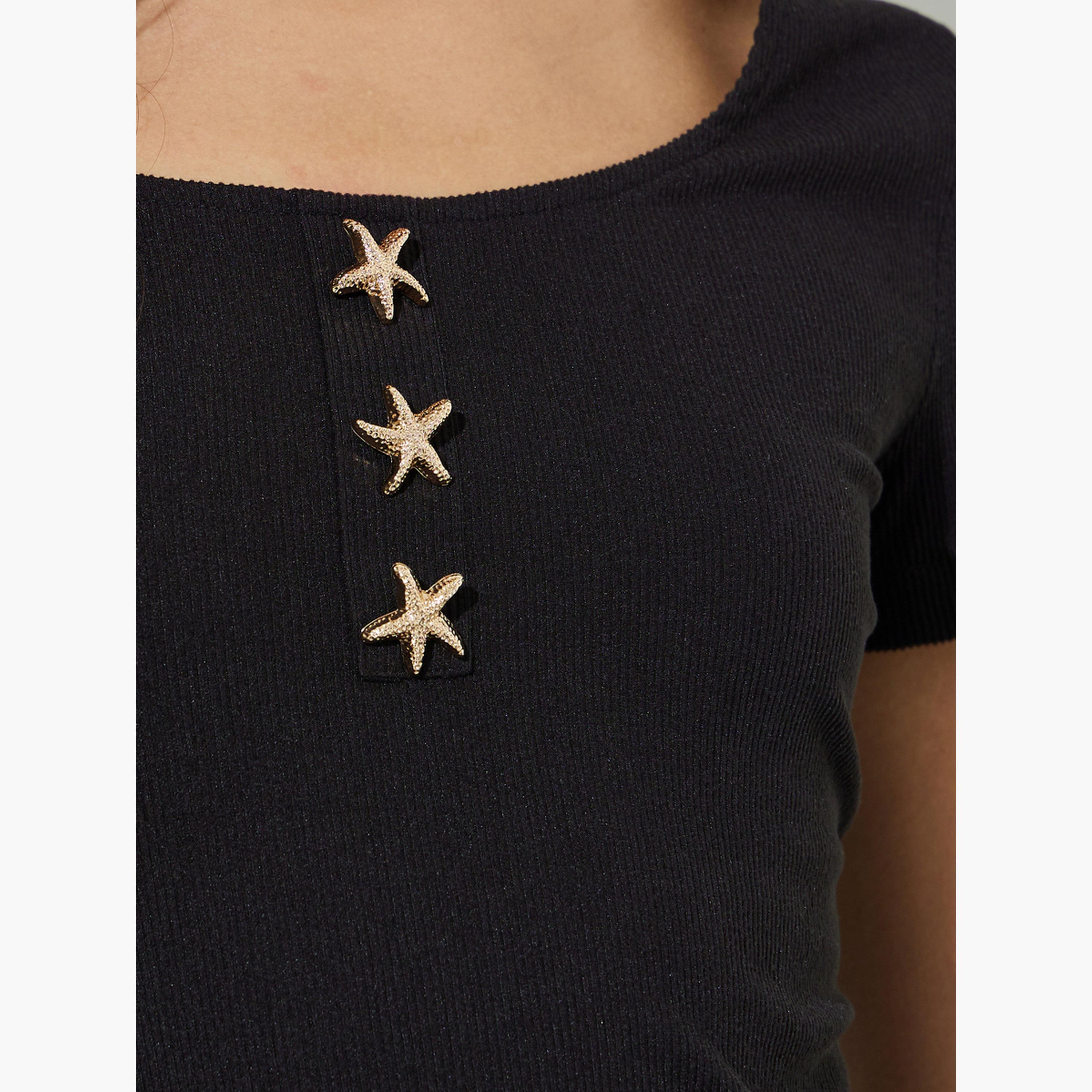 Styli Black Ribbed Scoop Neck T-Shirt with Star Buttons-women-clothing-tshirts-image-5
