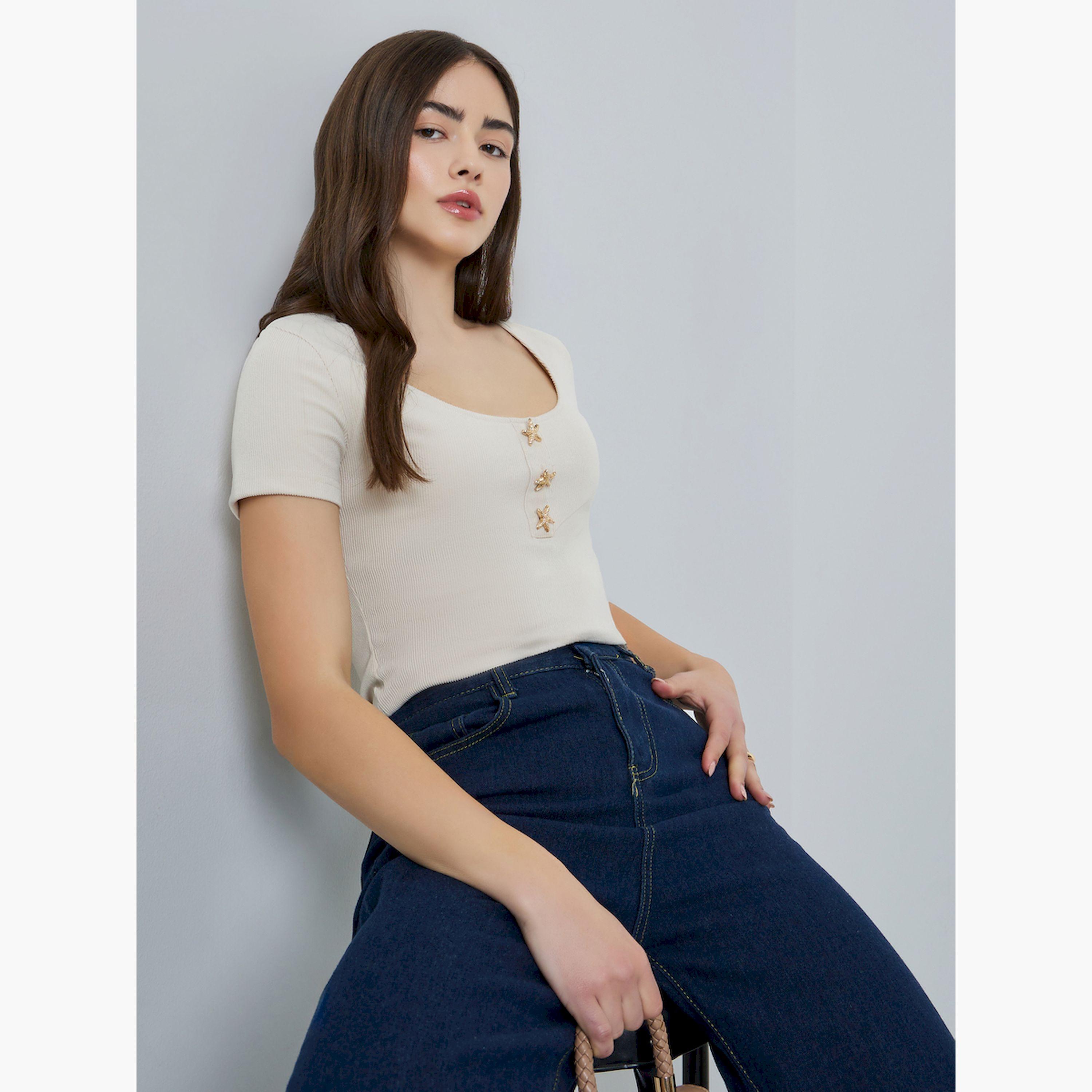 Styli Beige Ribbed Scoop Neck T-Shirt with Star Buttons-women-clothing-tshirts-image-3