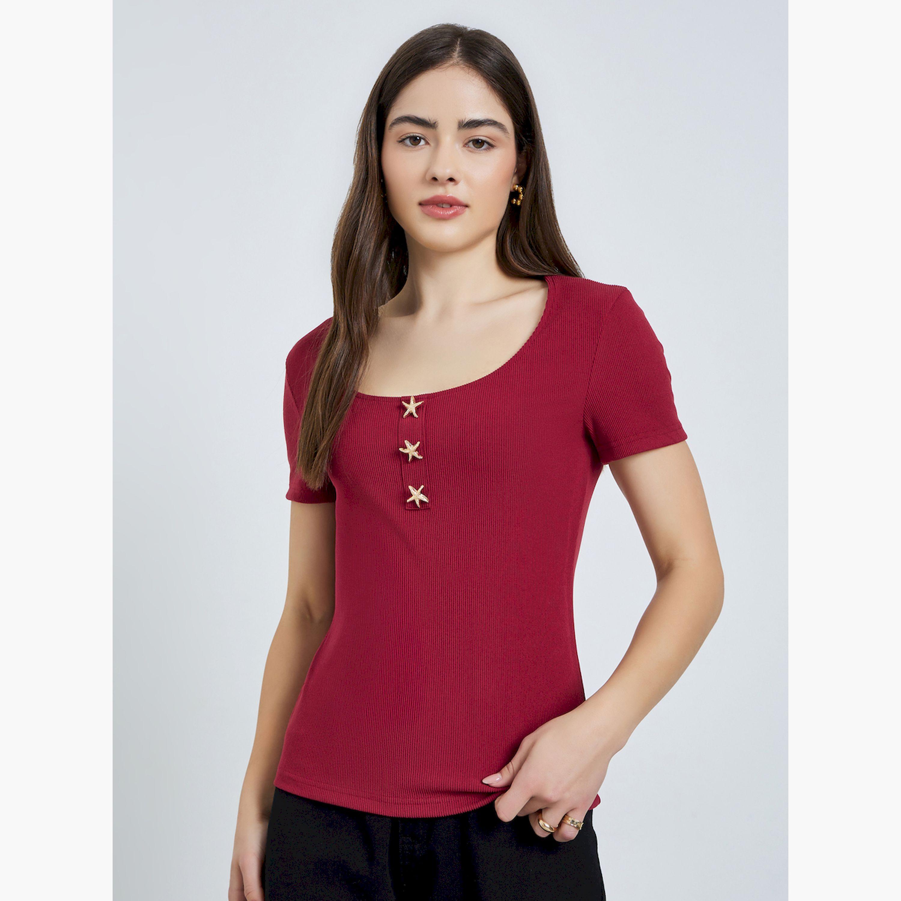 Styli Red Ribbed Scoop Neck T-Shirt with Star Buttons-women-clothing-tshirts-image-1