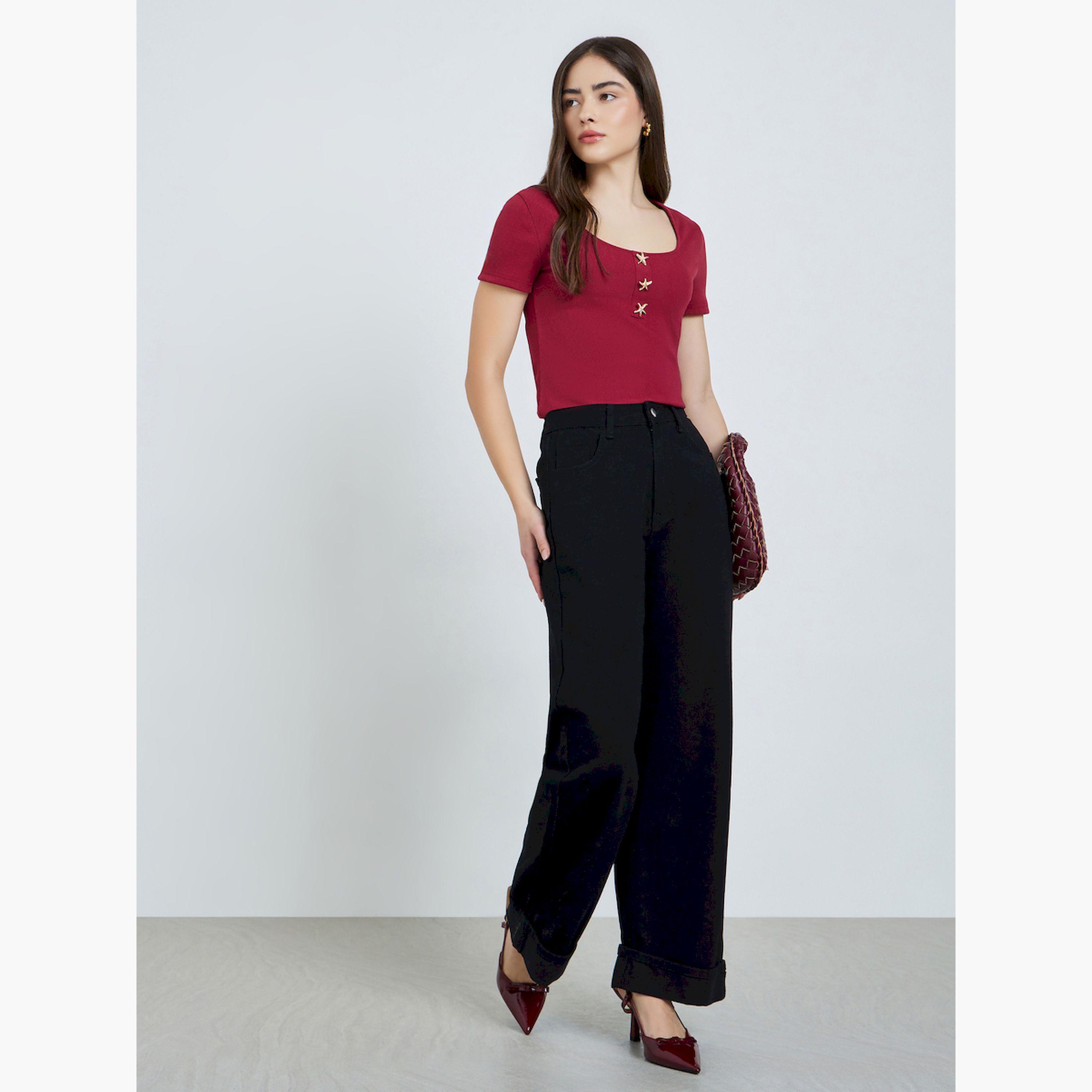 Styli Red Ribbed Scoop Neck T-Shirt with Star Buttons-women-clothing-tshirts-image-2