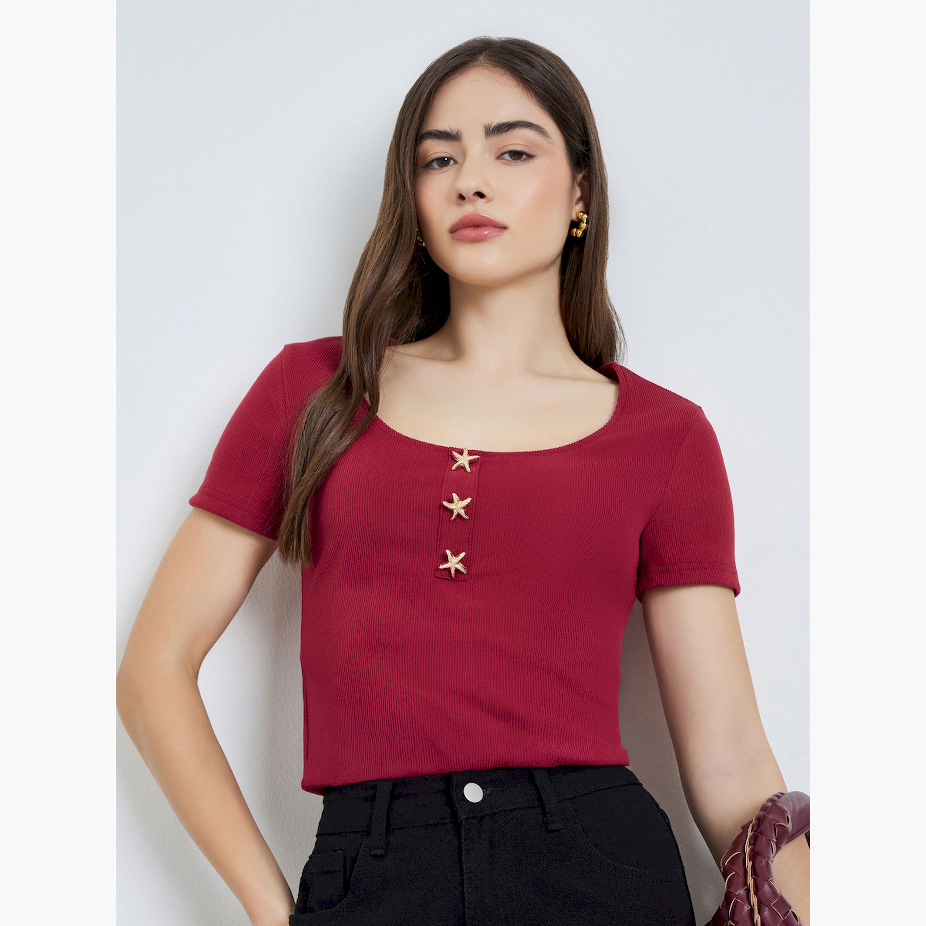 Styli Red Ribbed Scoop Neck T-Shirt with Star Buttons-women-clothing-tshirts-image-3