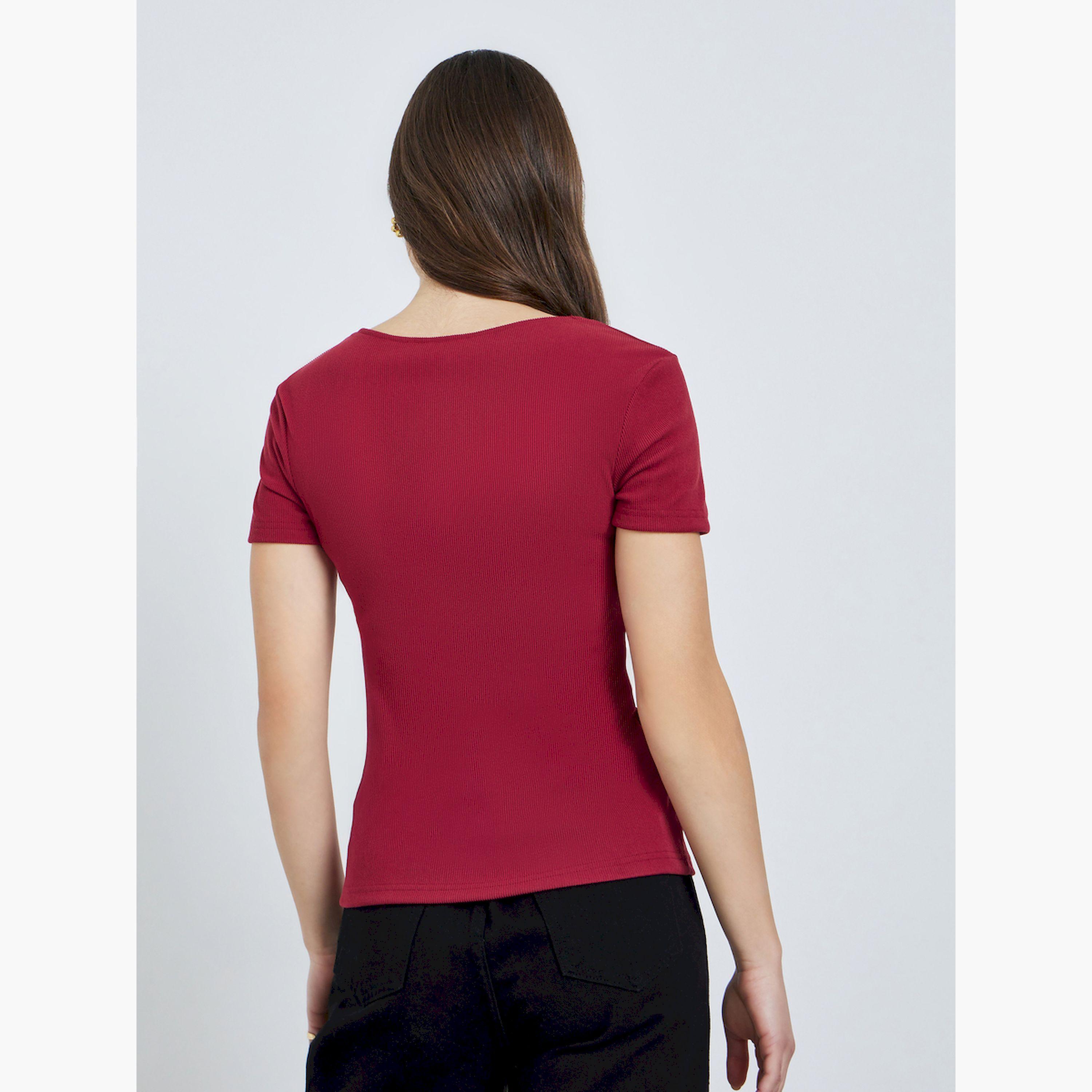 Styli Red Ribbed Scoop Neck T-Shirt with Star Buttons-women-clothing-tshirts-image-4