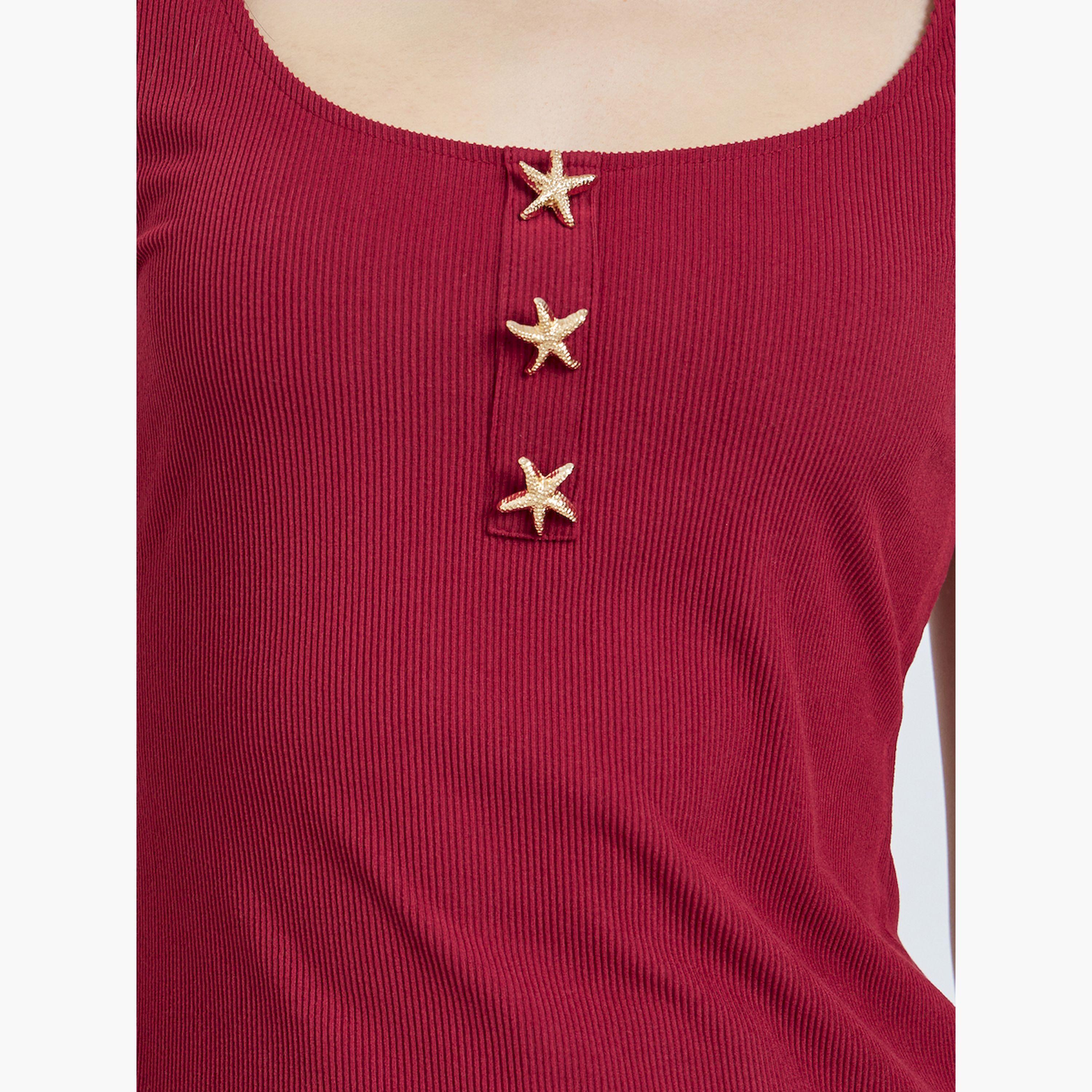 Styli Red Ribbed Scoop Neck T-Shirt with Star Buttons-women-clothing-tshirts-image-5