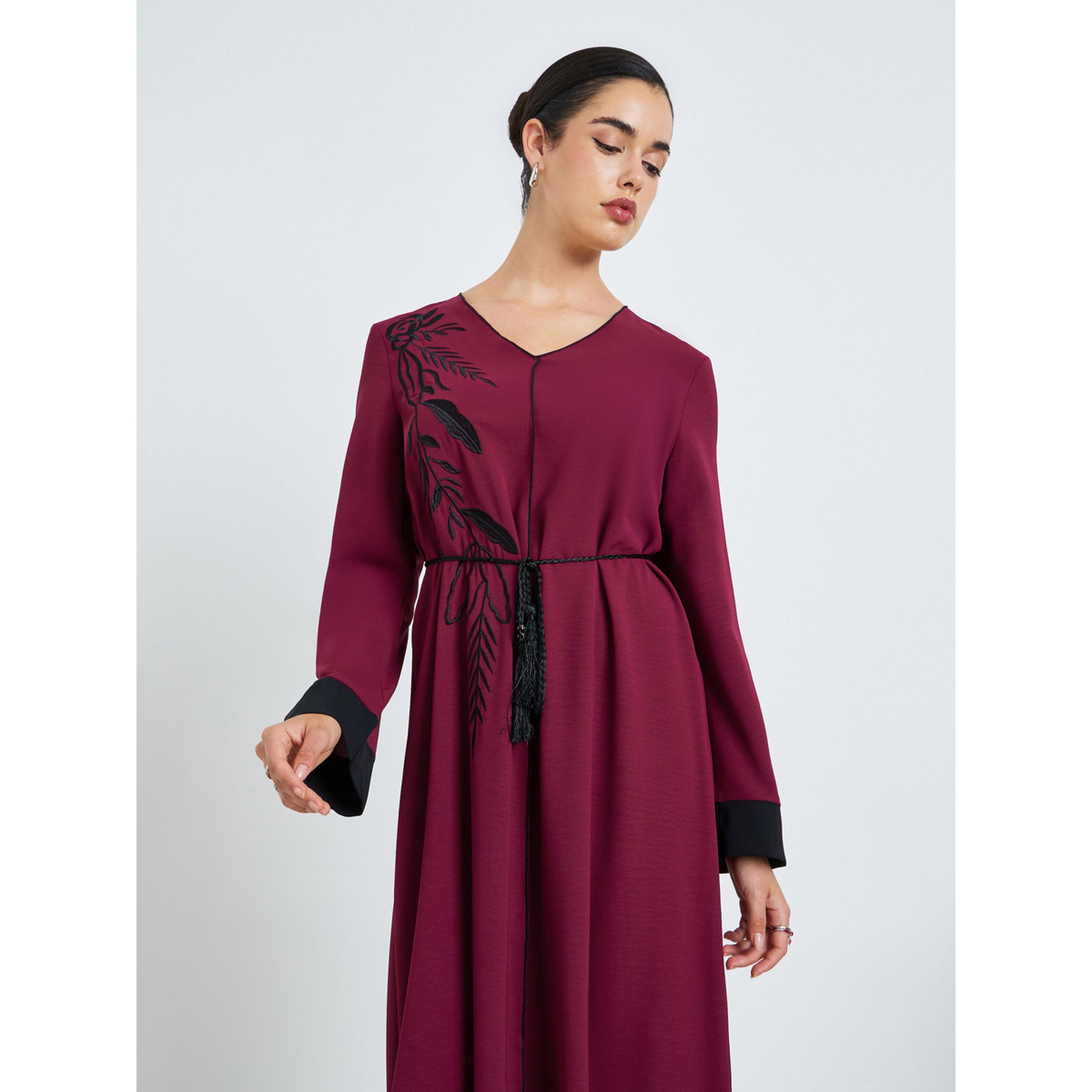 Styli Women Burgundy Embroidery A-Line Jalabiya-women-arabicclothing-jalabiyas-image-2