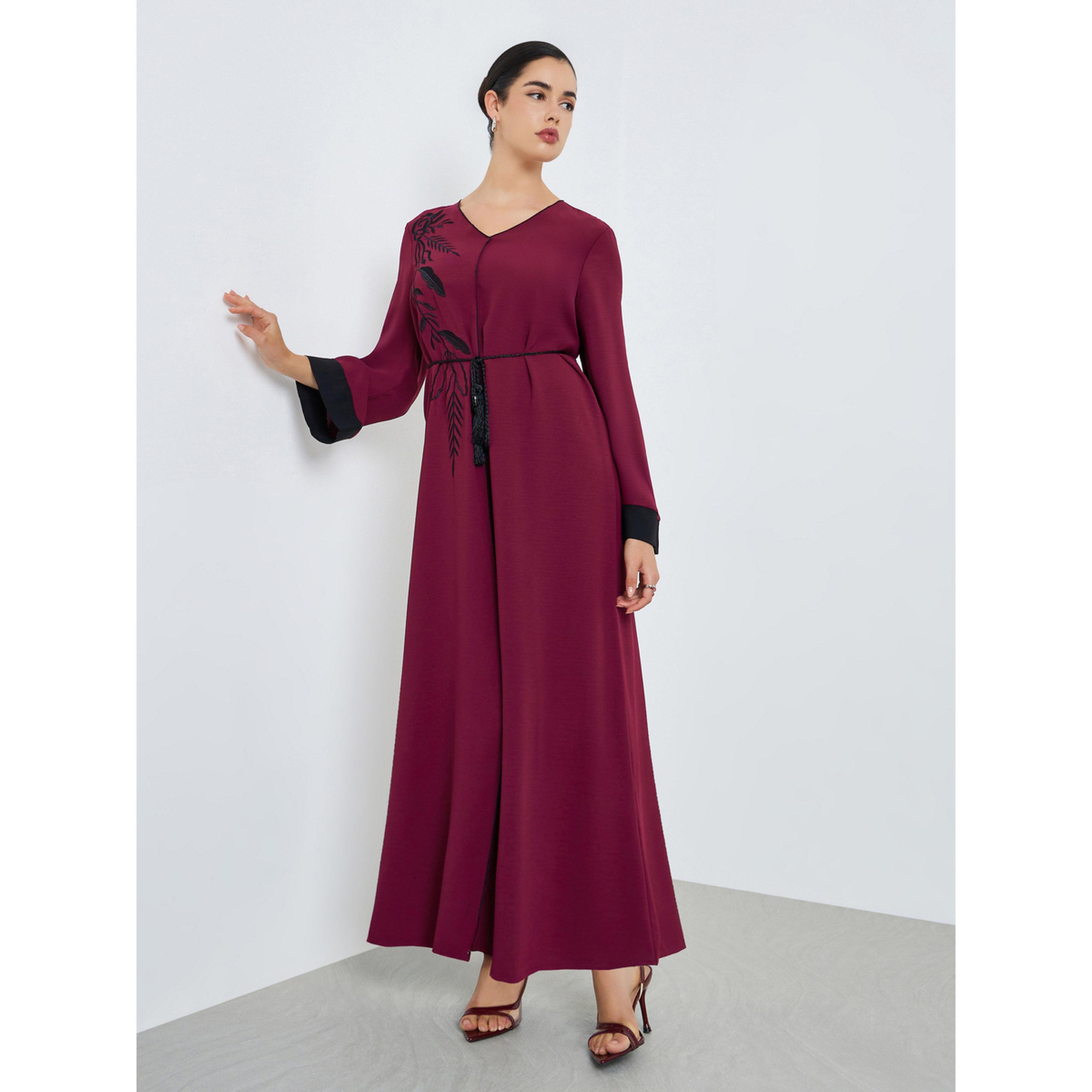 Styli Women Burgundy Embroidery A-Line Jalabiya-women-arabicclothing-jalabiyas-image-3