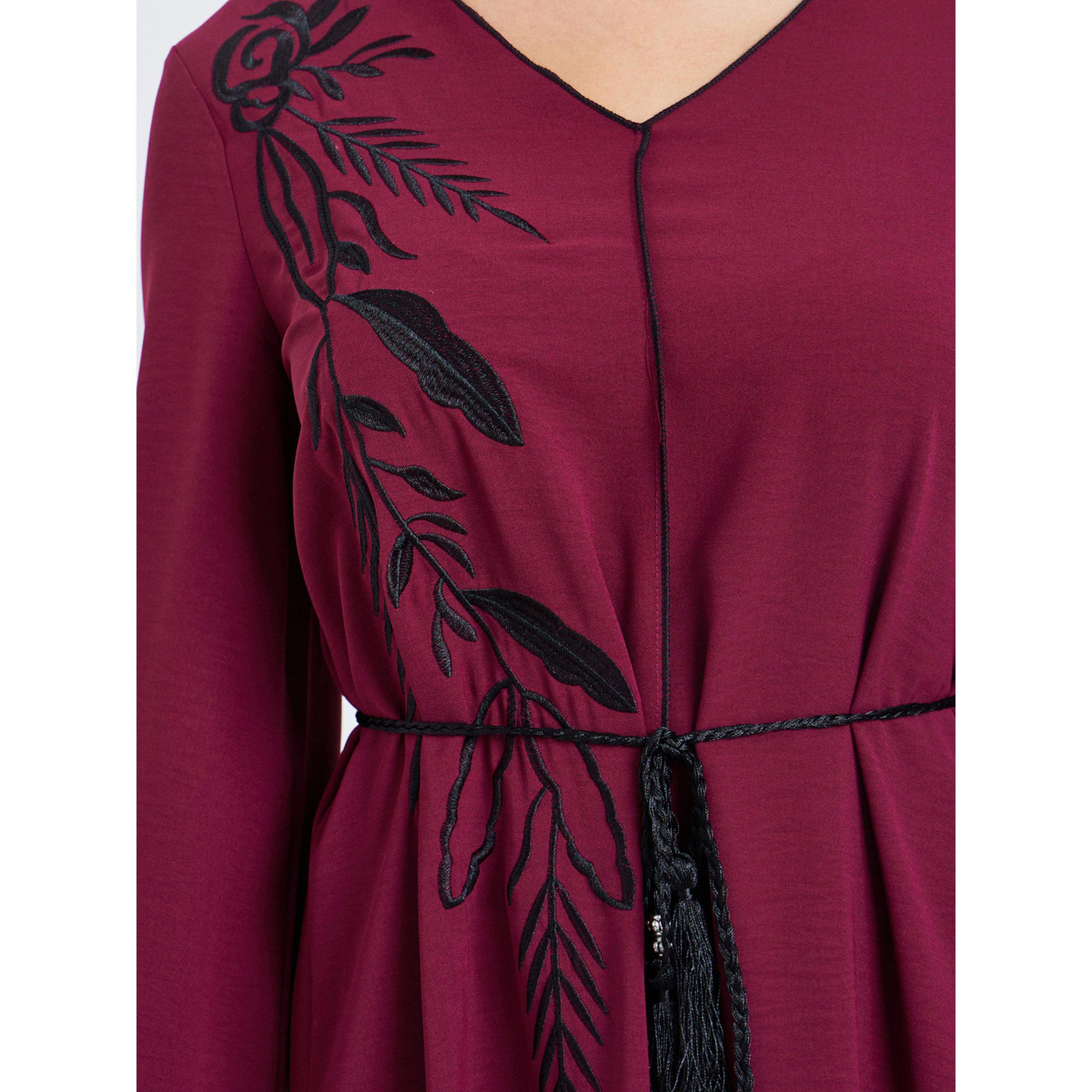 Styli Women Burgundy Embroidery A-Line Jalabiya-women-arabicclothing-jalabiyas-image-4