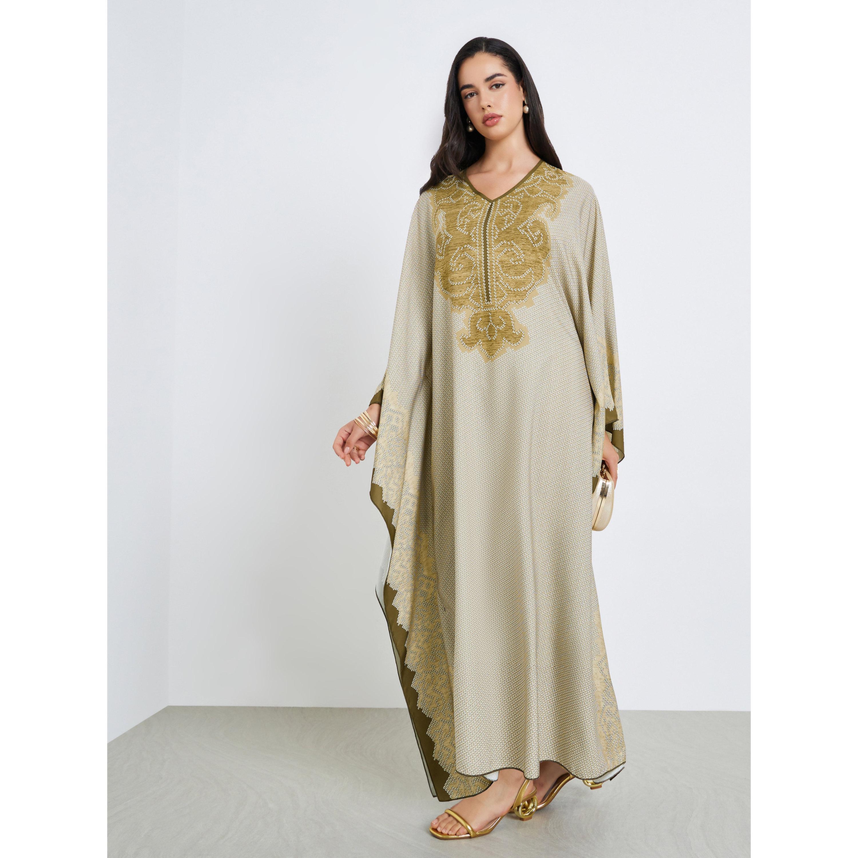 Styli Women Khaki Printed Kaftan Abaya-women-arabicclothing-kaftan-image-1