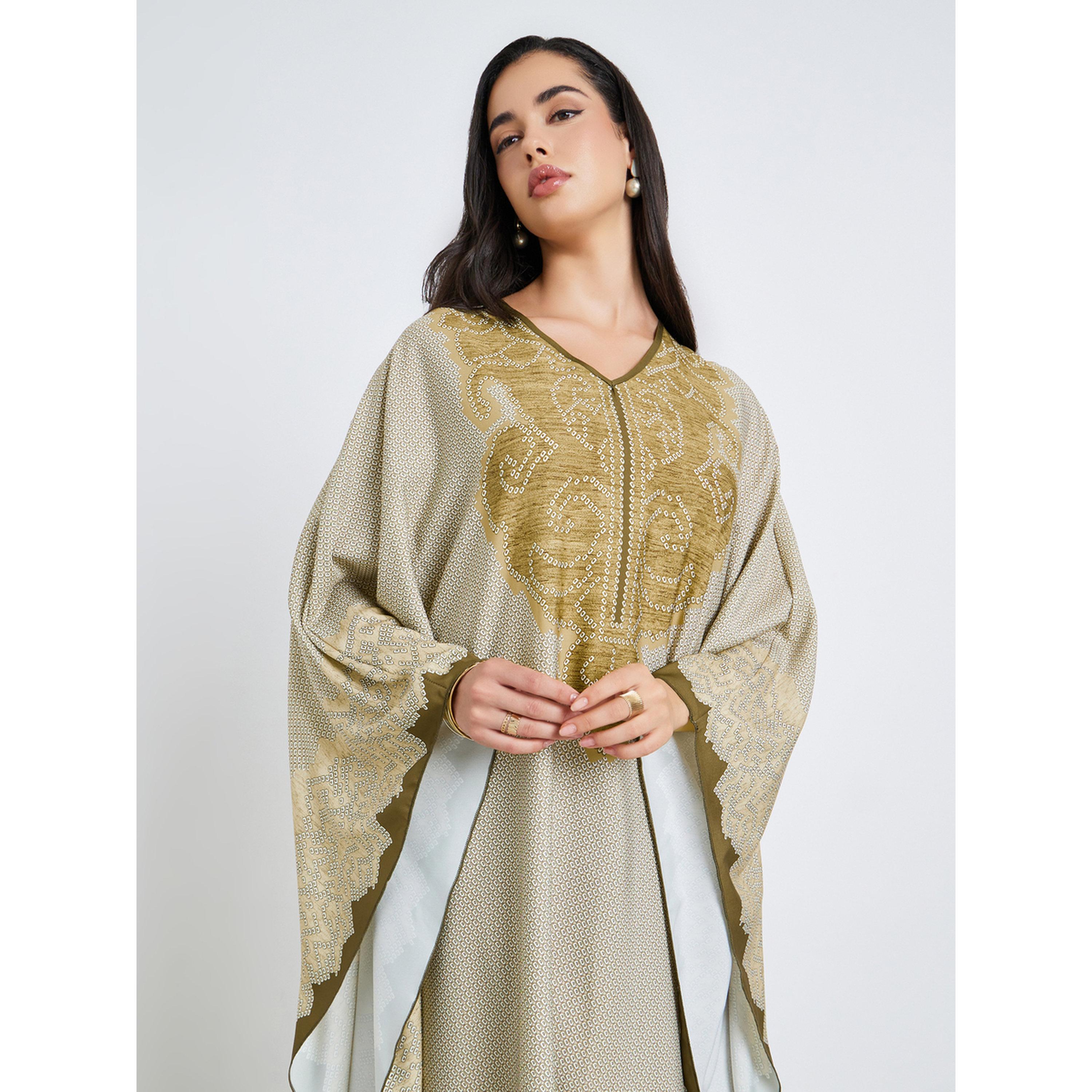 Styli Women Khaki Printed Kaftan Abaya-women-arabicclothing-kaftan-image-2