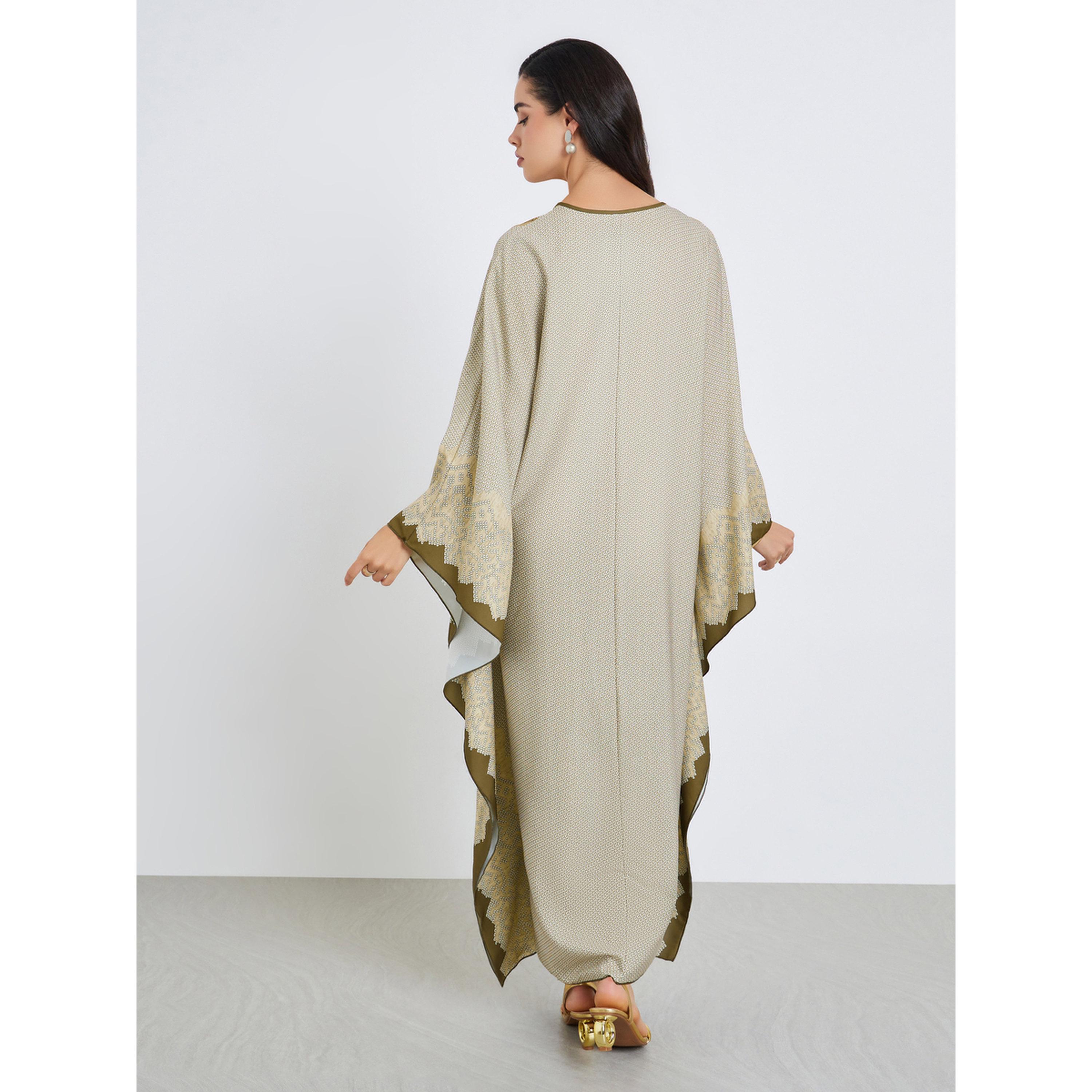 Styli Women Khaki Printed Kaftan Abaya-women-arabicclothing-kaftan-image-5