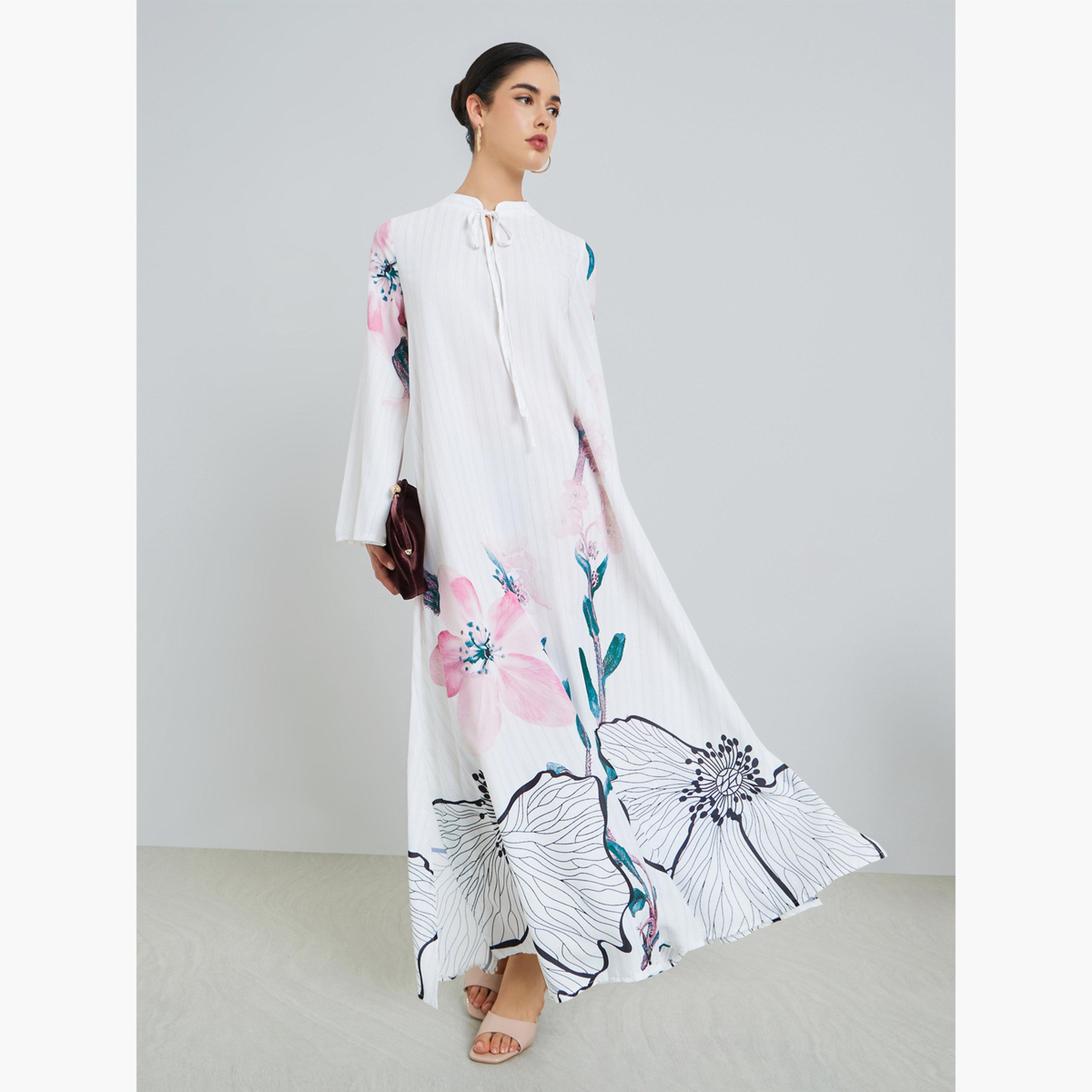 Styli Women Floral Print Tie-Up Neck A-Line Jalabiya-women-arabicclothing-jalabiyas-image-1