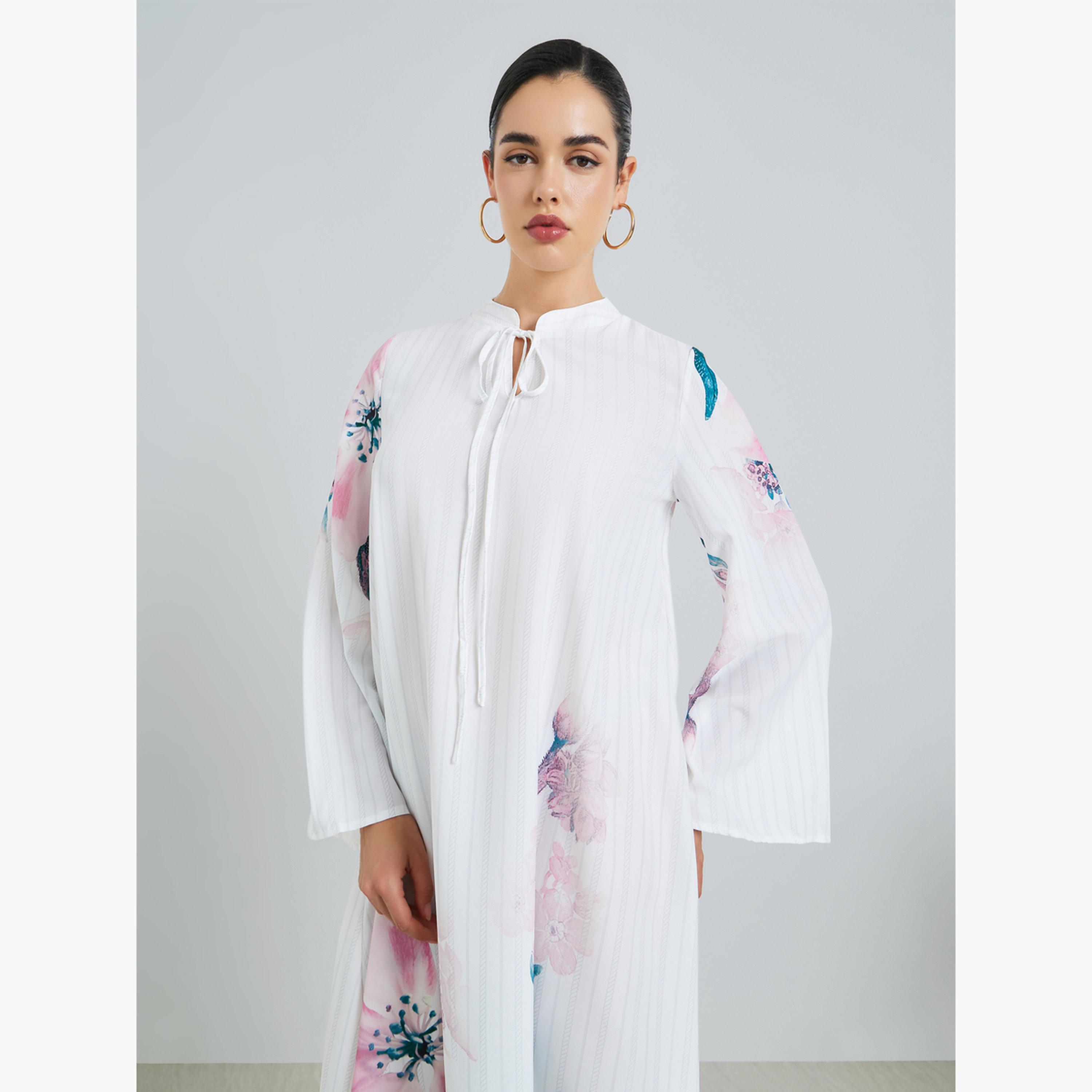 Styli Women Floral Print Tie-Up Neck A-Line Jalabiya-women-arabicclothing-jalabiyas-image-2