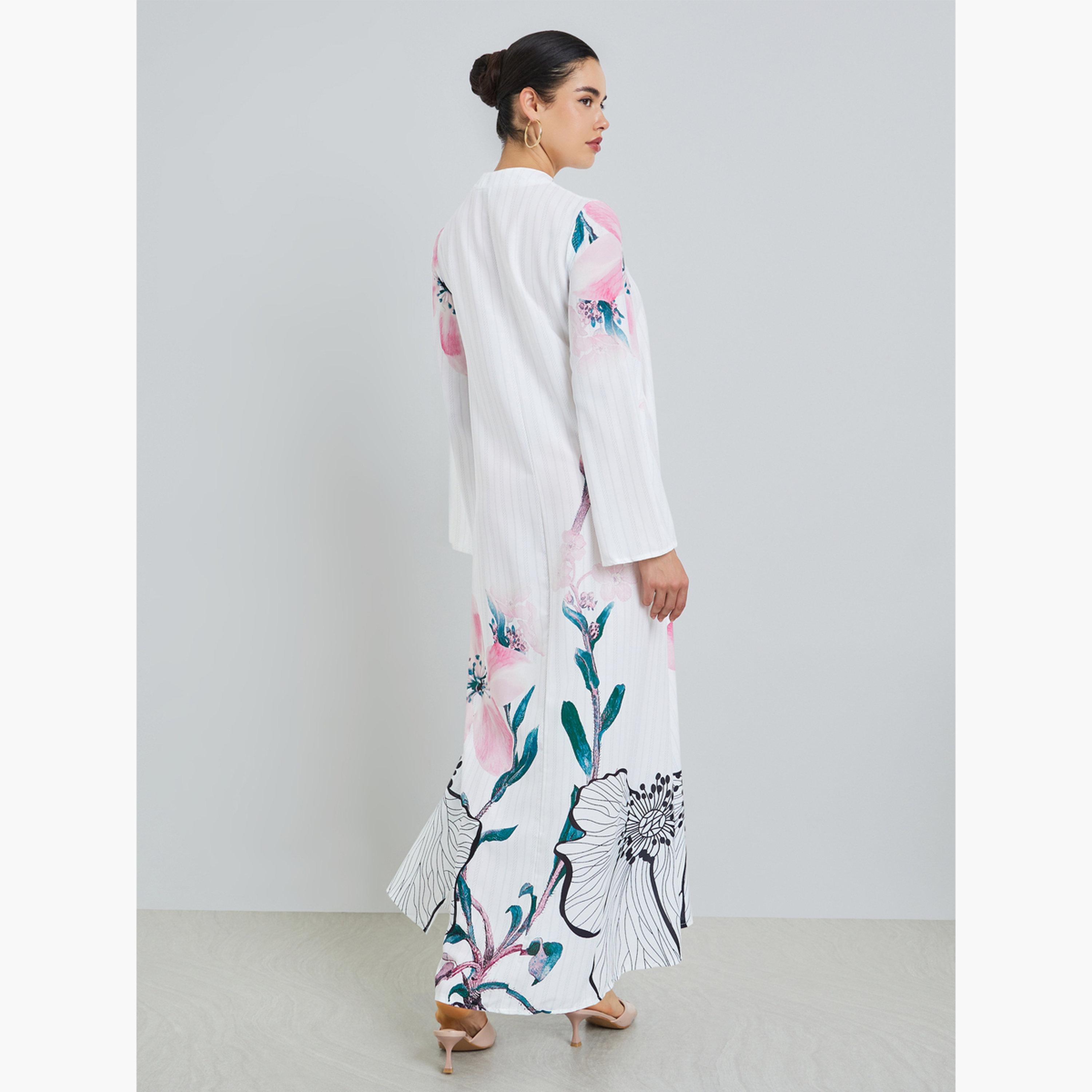 Styli Women Floral Print Tie-Up Neck A-Line Jalabiya-women-arabicclothing-jalabiyas-image-4