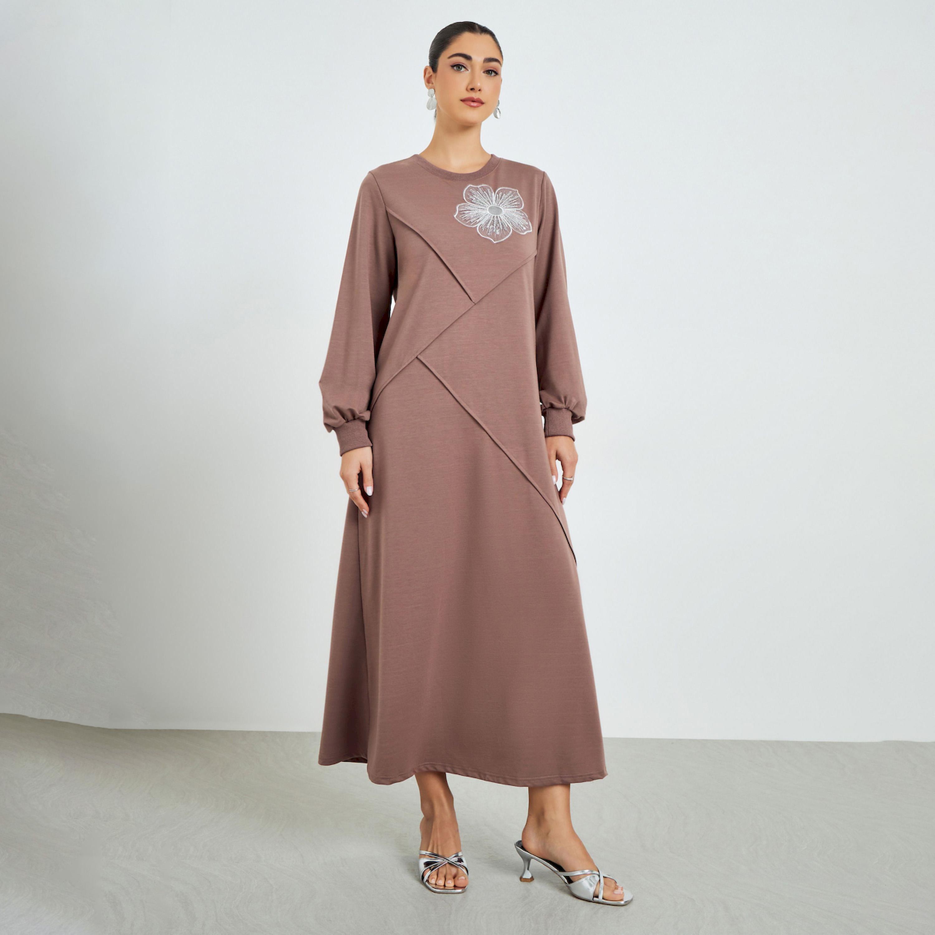 Styli Brown Embroidered A-Line Jalabiya-women-arabicclothing-jalabiyas-image-1