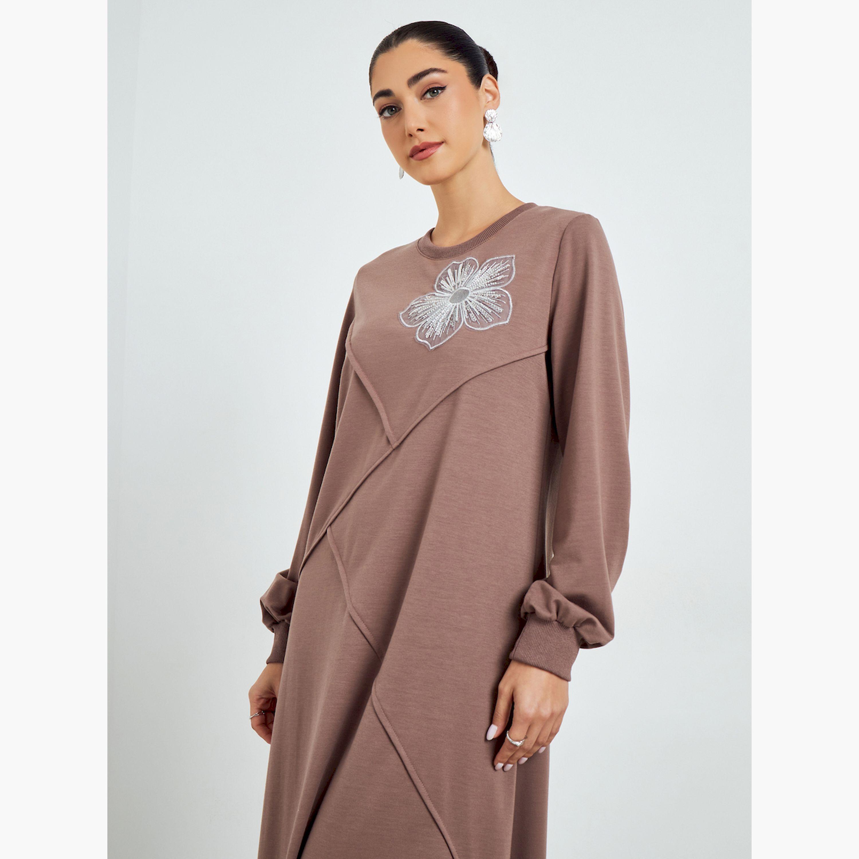 Styli Brown Embroidered A-Line Jalabiya-women-arabicclothing-jalabiyas-image-2