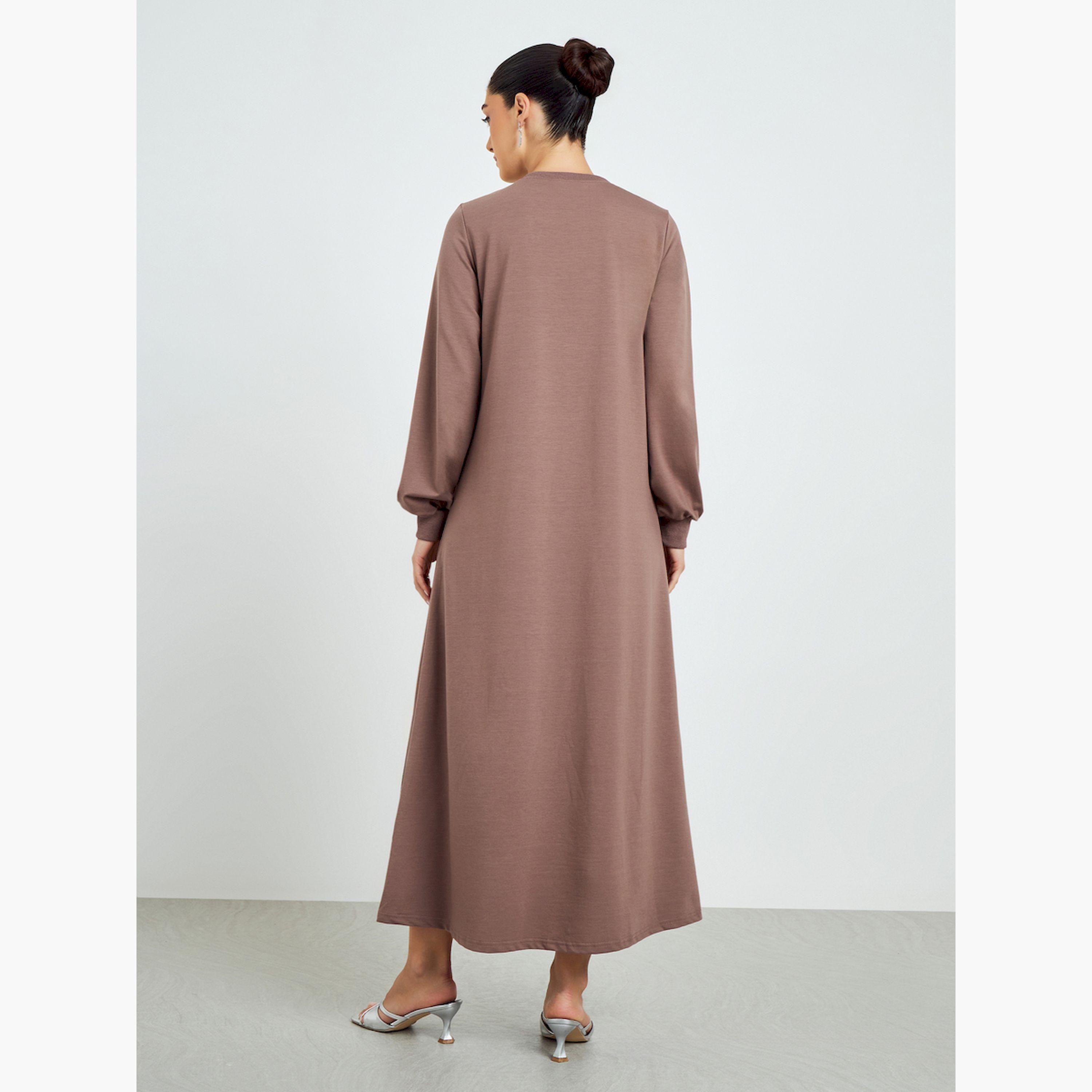 Styli Brown Embroidered A-Line Jalabiya-women-arabicclothing-jalabiyas-image-4
