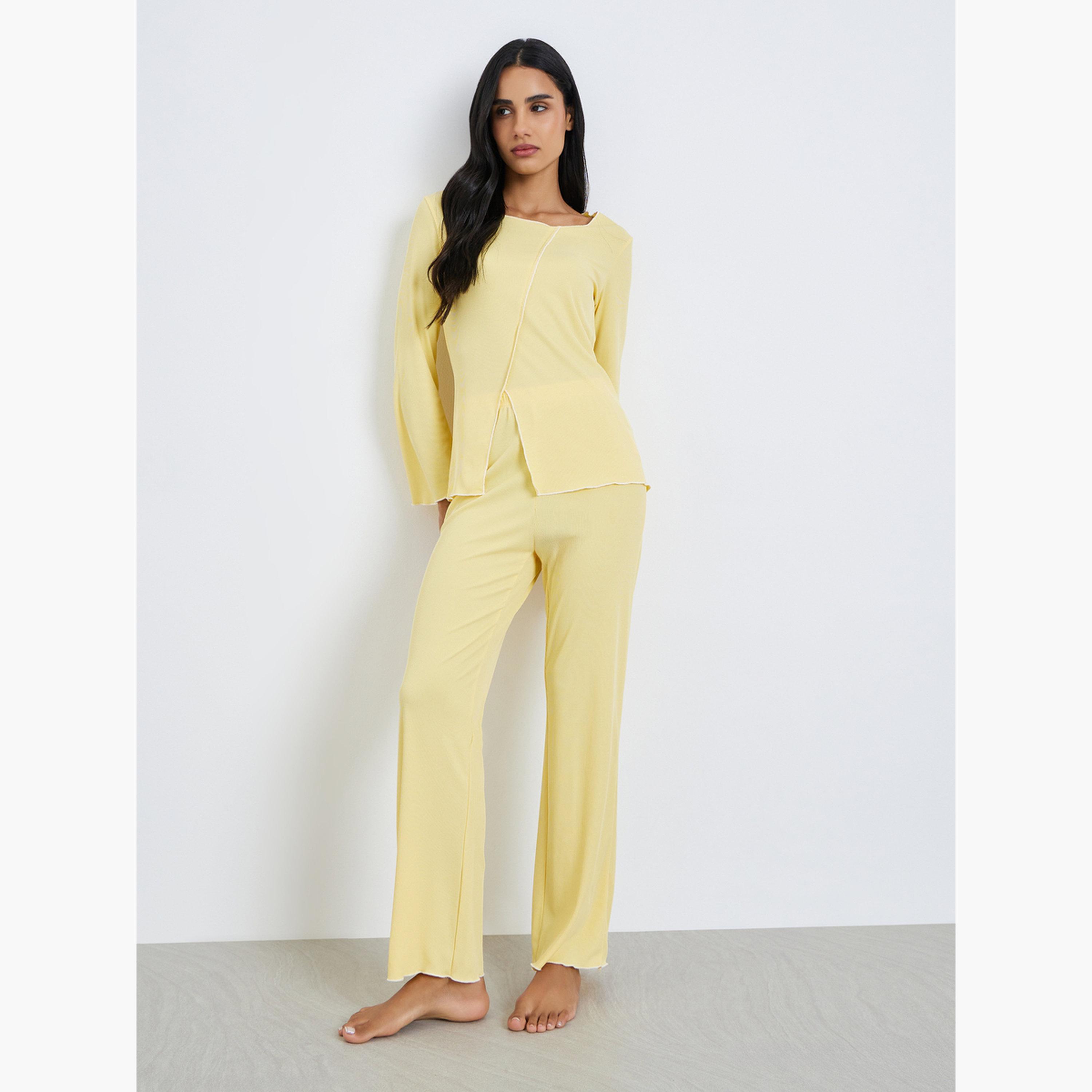 Styli Rib Overlock Seam Top and Pyjama Set-women-clothing-nightwear-pyjamas-longsets-image-1